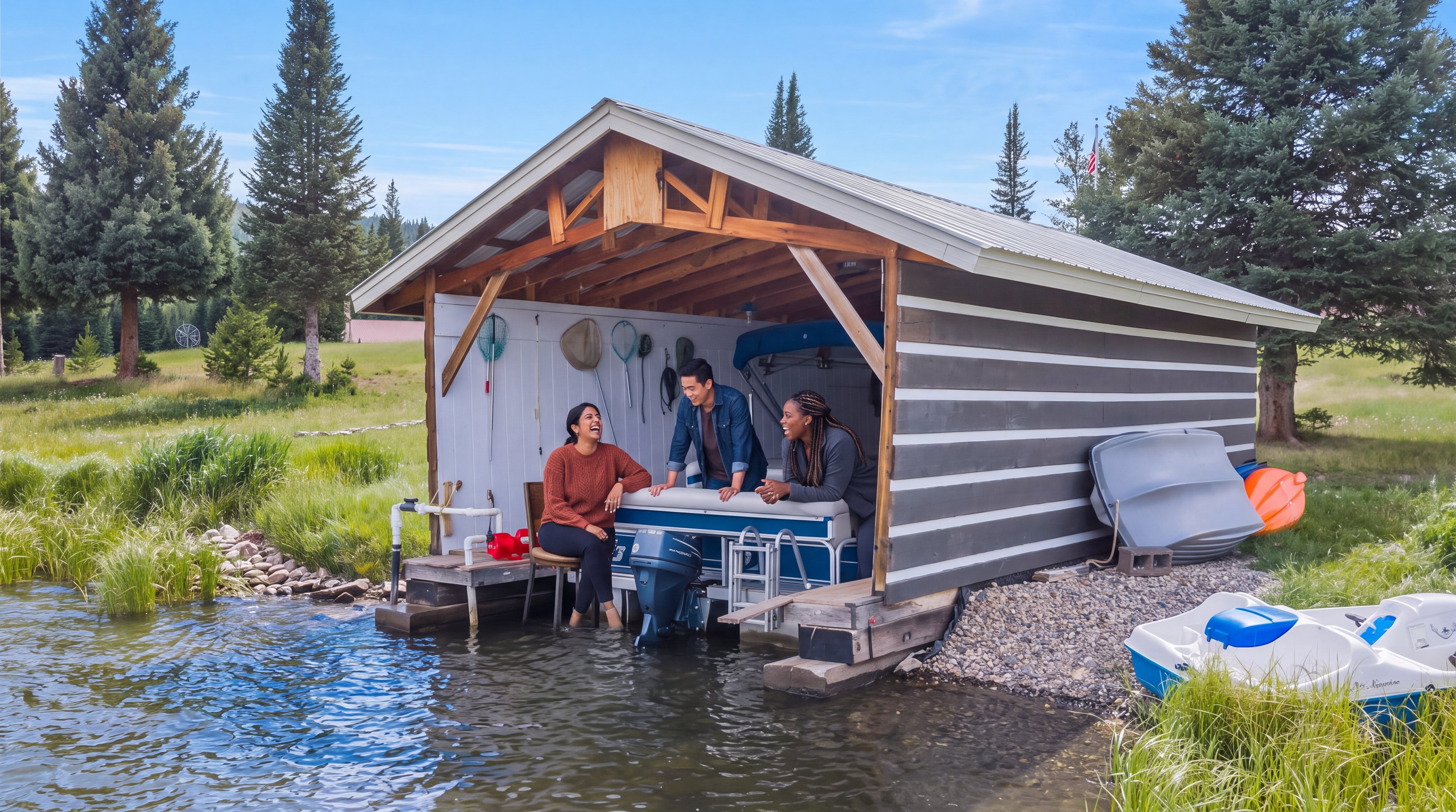 This outdoor boat slip and storage facility serves as an appealing community amenity, situated right on the water's edge. The structure features a rustic, partially open design with wood framing, offering convenient access for leisure activities like boating and fishing. It creates an inviting, social space, perfect for property owners to gather and enjoy the waterfront setting.