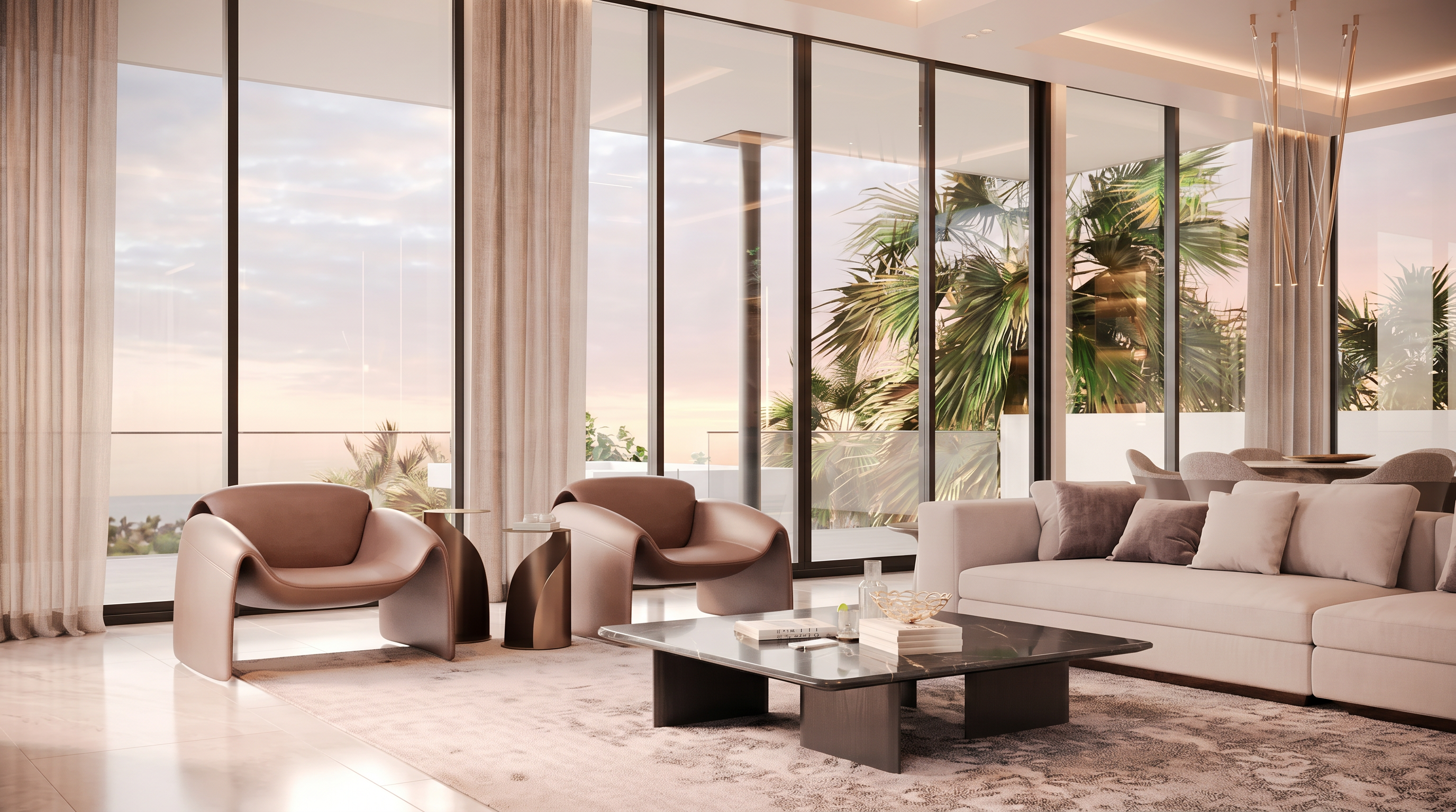 This sophisticated living room features a contemporary design with a neutral color palette and high-end furnishings. The space is defined by expansive floor-to-ceiling windows that provide an abundance of natural light and a seamless connection to the outdoor balcony. A low-profile stone coffee table serves as the centerpiece, complemented by two curved armchairs and a plush sofa, creating an inviting and luxurious atmosphere.