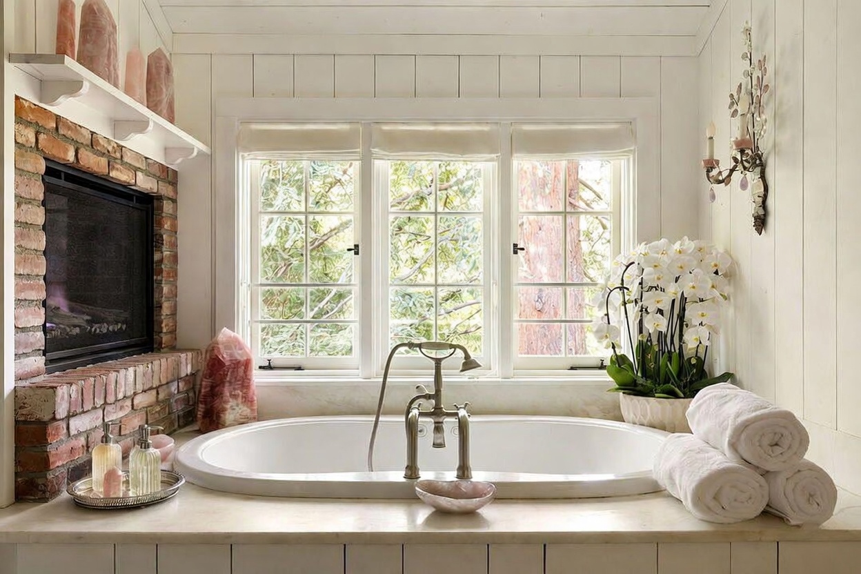 This serene bathroom features a deep soaking tub positioned beneath a trio of large windows that offer a view of the outdoors. To the left, a brick-clad fireplace adds warmth and texture to the space, while a white orchid and rolled towels provide a spa-like aesthetic. The room is finished with light-toned surfaces and elegant wall-mounted lighting, creating a tranquil and luxurious atmosphere.