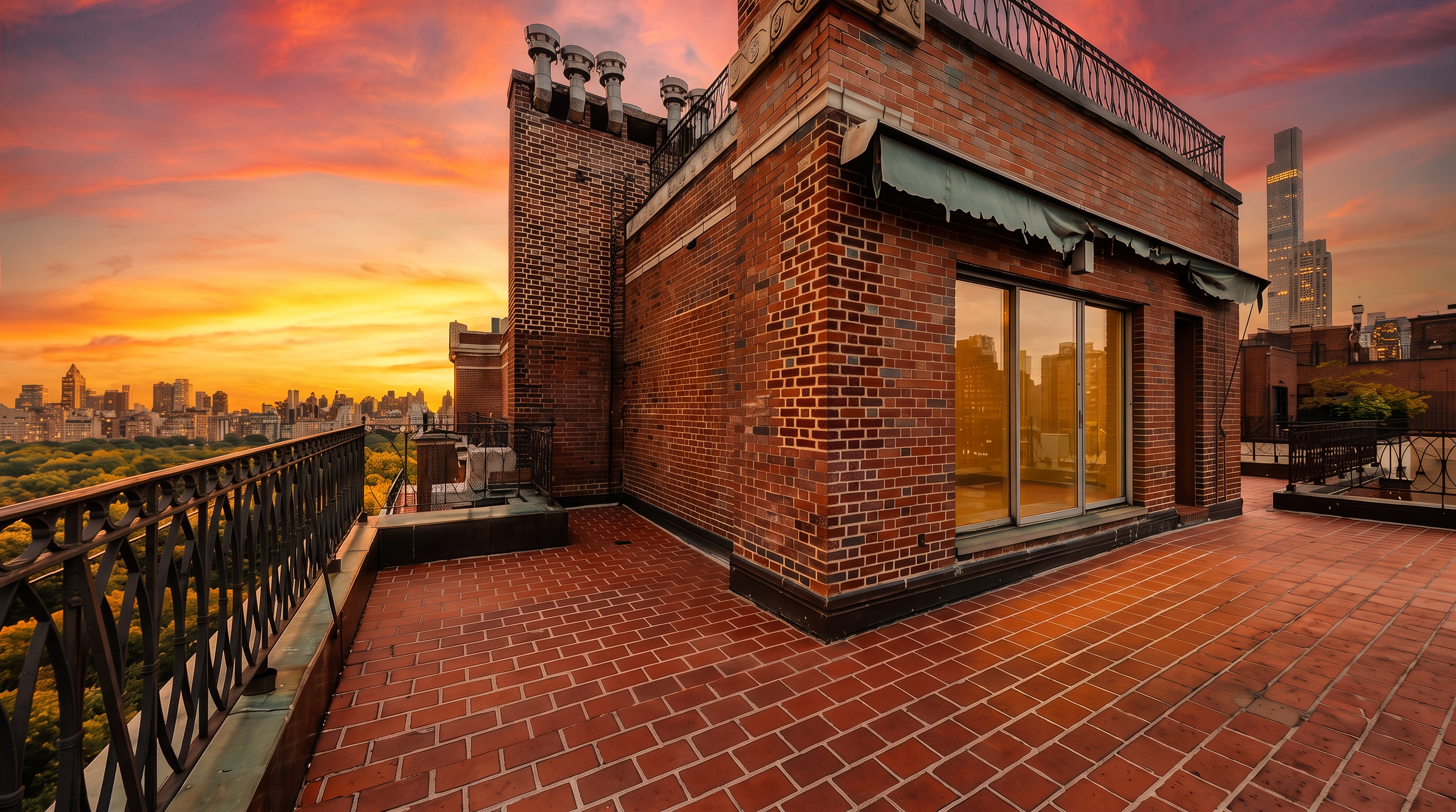 This stunning urban rooftop terrace offers a panoramic view of the cityscape and Central Park at sunset. Featuring classic brick masonry construction, the expansive deck is enclosed by elegant metal railings and includes a private access point through sliding glass doors. The space provides a luxurious, tranquil atmosphere perfect for entertaining while capturing the iconic New York City skyline.