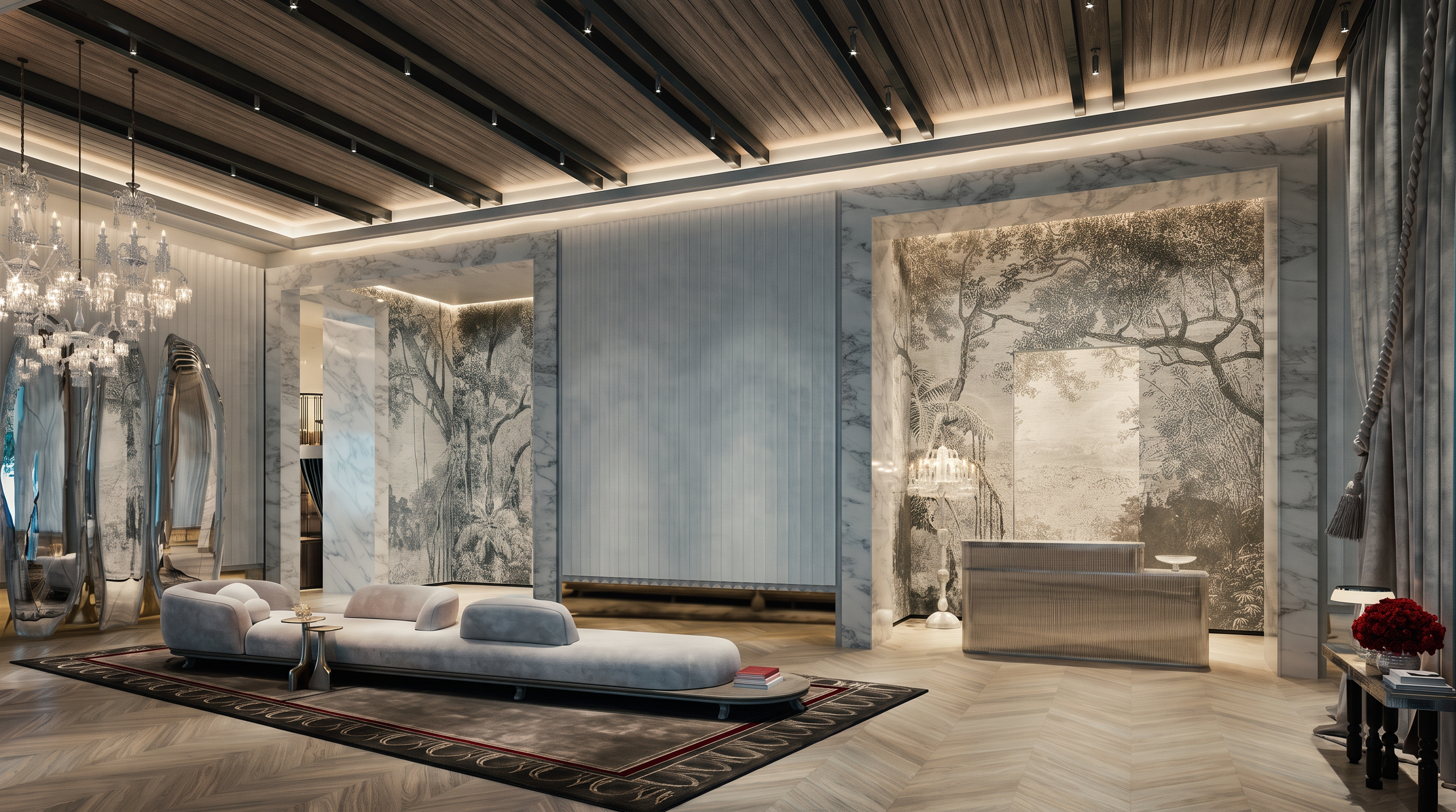 This sophisticated lobby or living area features a grand, open-concept design with high ceilings accented by linear recessed lighting. A long, plush sofa sits atop a dark, patterned rug, while a sleek reception desk is positioned against a wall adorned with intricate, nature-inspired mural wallpaper. The space is finished with light-toned herringbone flooring and elegant crystal chandeliers, creating an atmosphere of refined luxury.