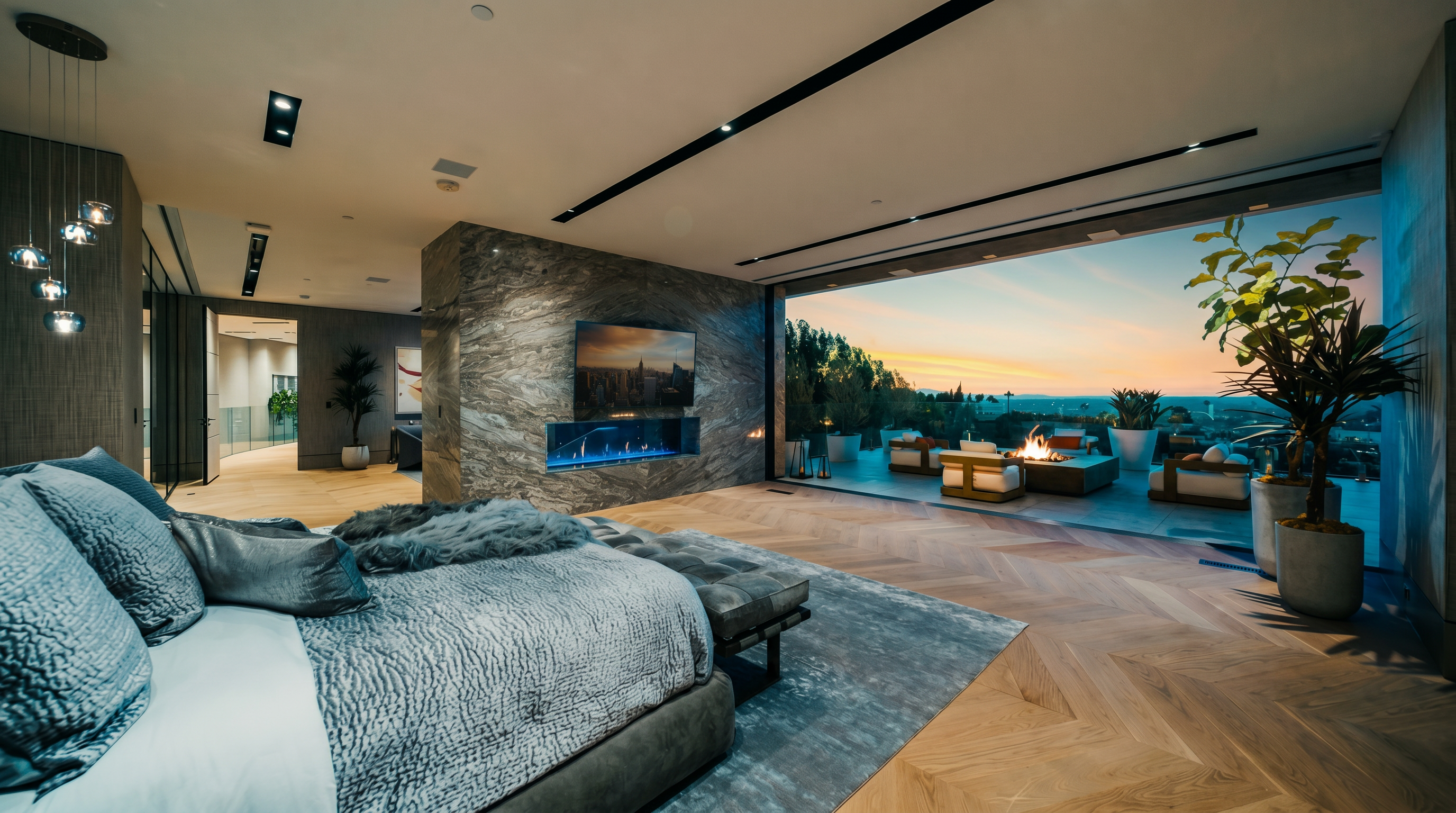 This luxurious primary bedroom features a seamless indoor-outdoor transition with a massive retractable glass wall opening onto a private terrace with a fire pit. The room is anchored by a striking marble-clad accent wall housing a fireplace and television, complemented by elegant herringbone hardwood flooring and a plush, modern bed. The overall aesthetic is sophisticated and contemporary, offering breathtaking panoramic views of the city skyline at dusk.