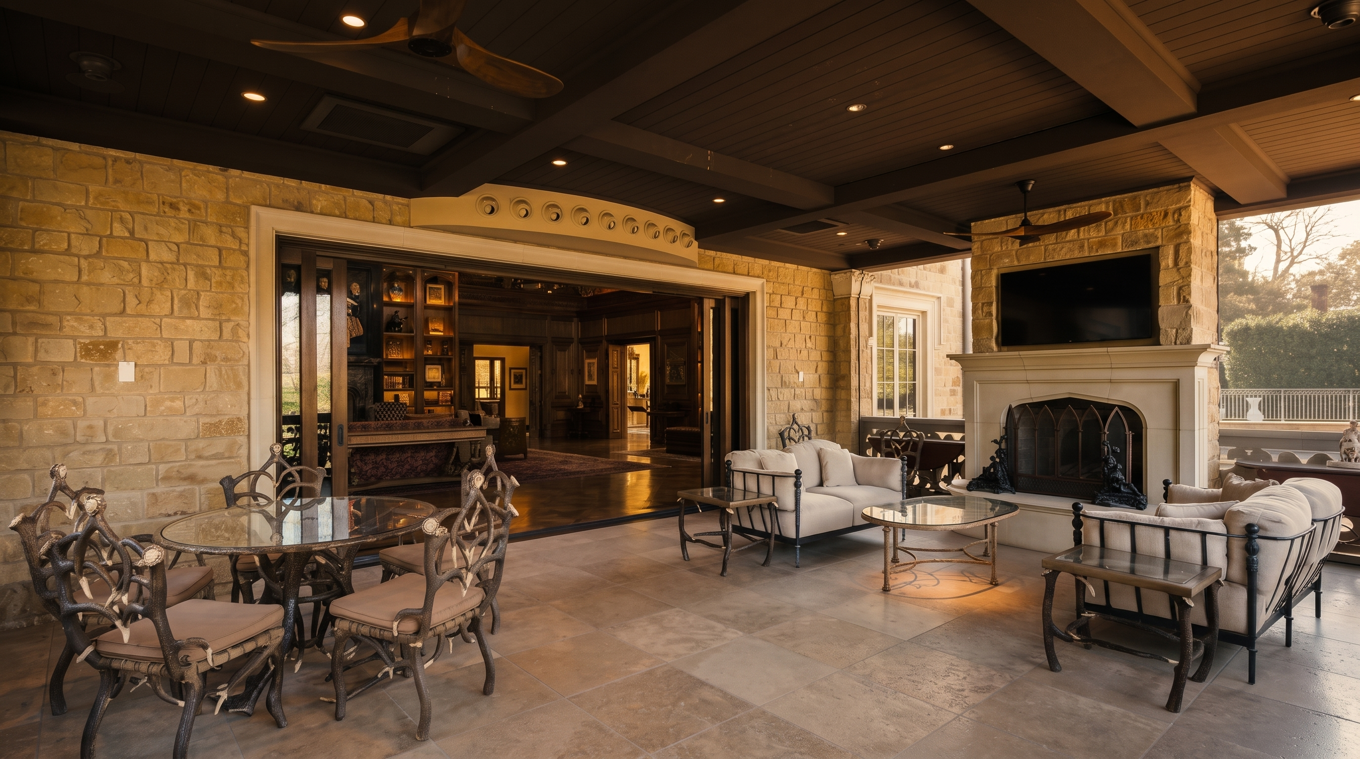 This expansive covered patio features a rustic aesthetic with stone walls, a dark wood-paneled ceiling, and a stone-clad fireplace with a mounted television. The space is furnished with a dining set crafted from natural branches and comfortable lounge seating, creating a seamless transition to the interior library visible through wide-opening glass doors. The perspective is a wide, eye-level shot that emphasizes the indoor-outdoor living potential of the home.