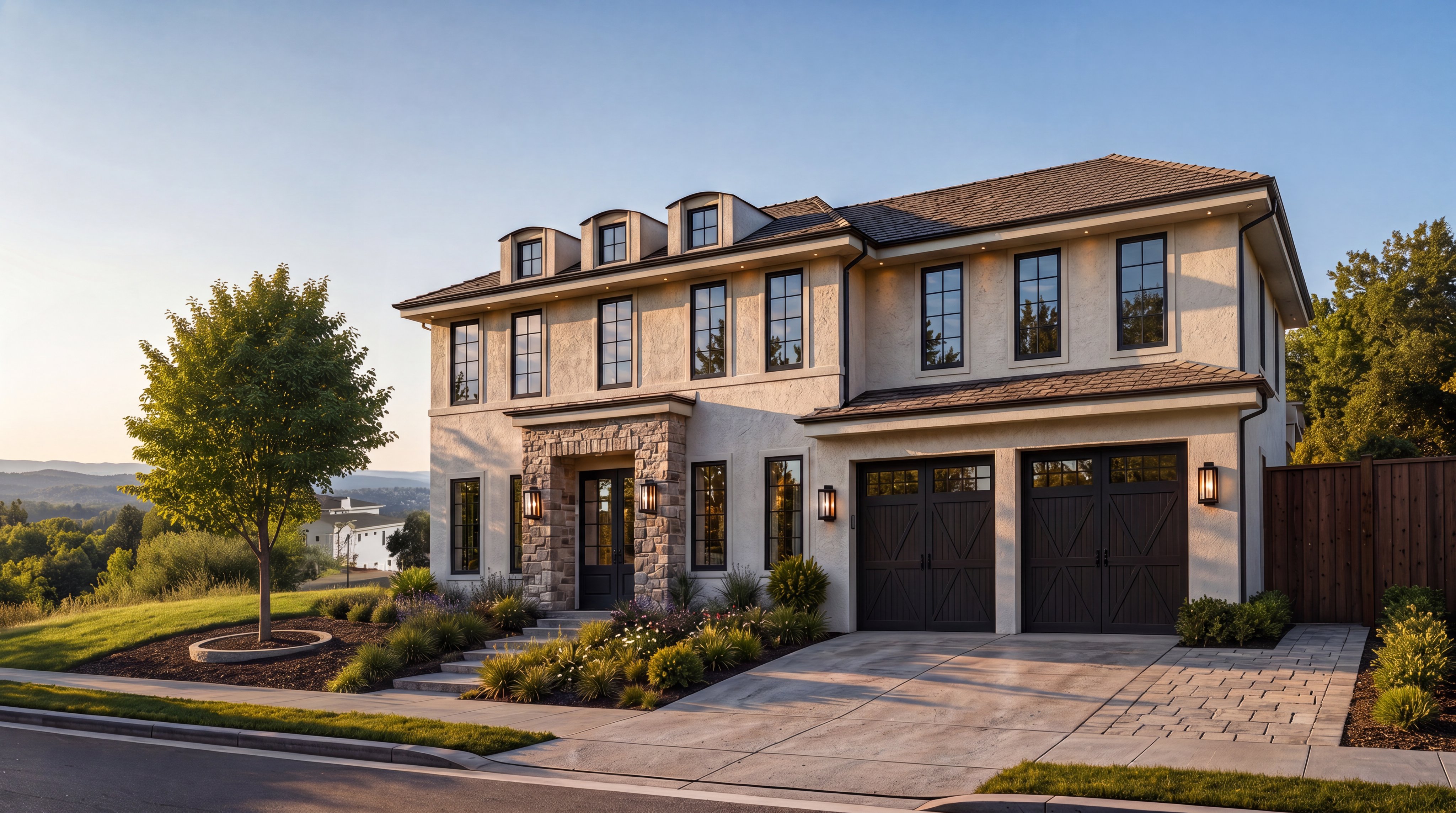 This stunning two-story traditional home features a light stucco facade accented with natural stone masonry around the entryway and dark-framed windows. The property boasts a spacious attached two-car garage, manicured landscaping with ornamental grasses, and a paved driveway, all set against a beautiful sunset backdrop with scenic distant views.