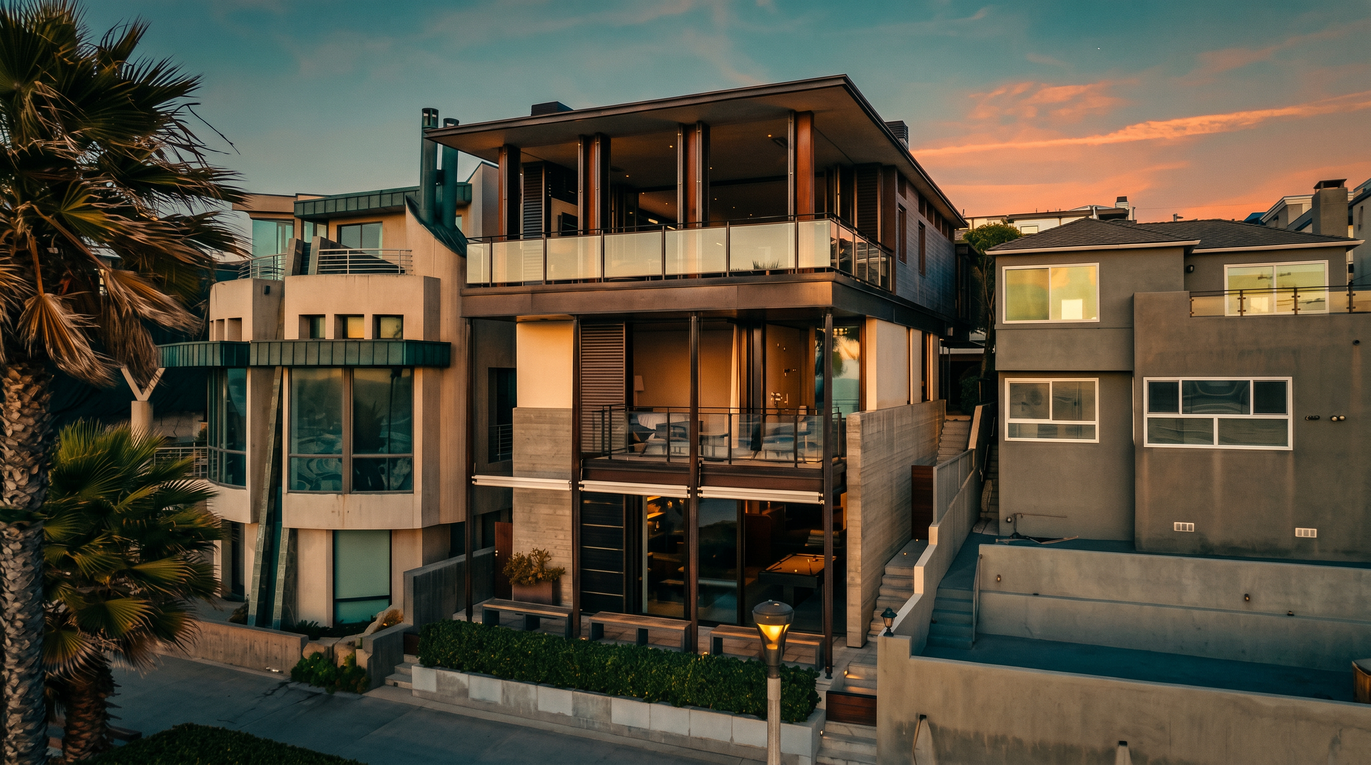 This contemporary three-story coastal residence features a striking modern design with clean lines and a mix of concrete and glass elements. The home includes multiple levels of open-air balconies and large windows that offer expansive views, set between two neighboring properties. The exterior is framed by a manicured hedge and a paved walkway, creating a sophisticated and inviting street-level presence.