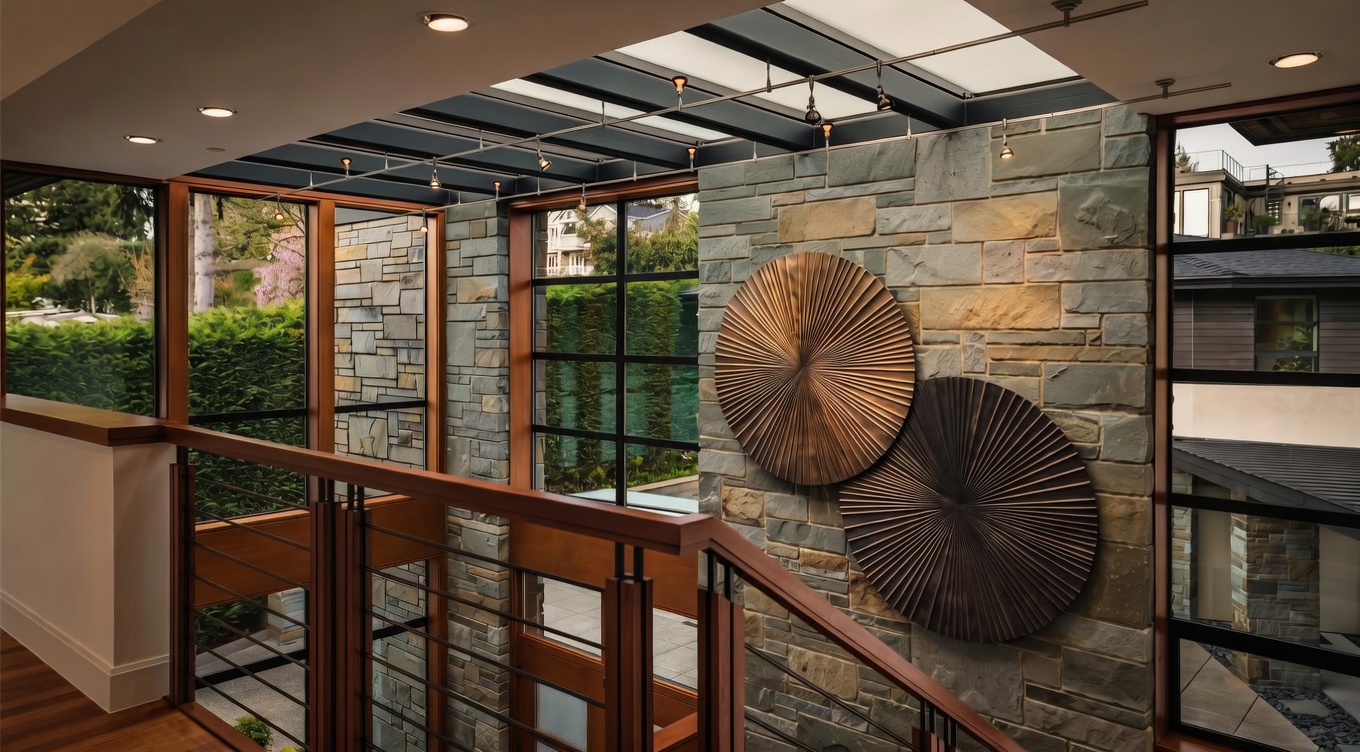 This interior view captures a sophisticated landing area featuring a prominent stone-clad wall adorned with two large, circular metallic art pieces. A wooden staircase with a modern metal railing leads through the space, which is illuminated by a dramatic glass-paneled skylight roof. The architectural design emphasizes clean lines, natural textures, and a seamless connection between the indoor environment and the outdoor greenery visible through the expansive windows.