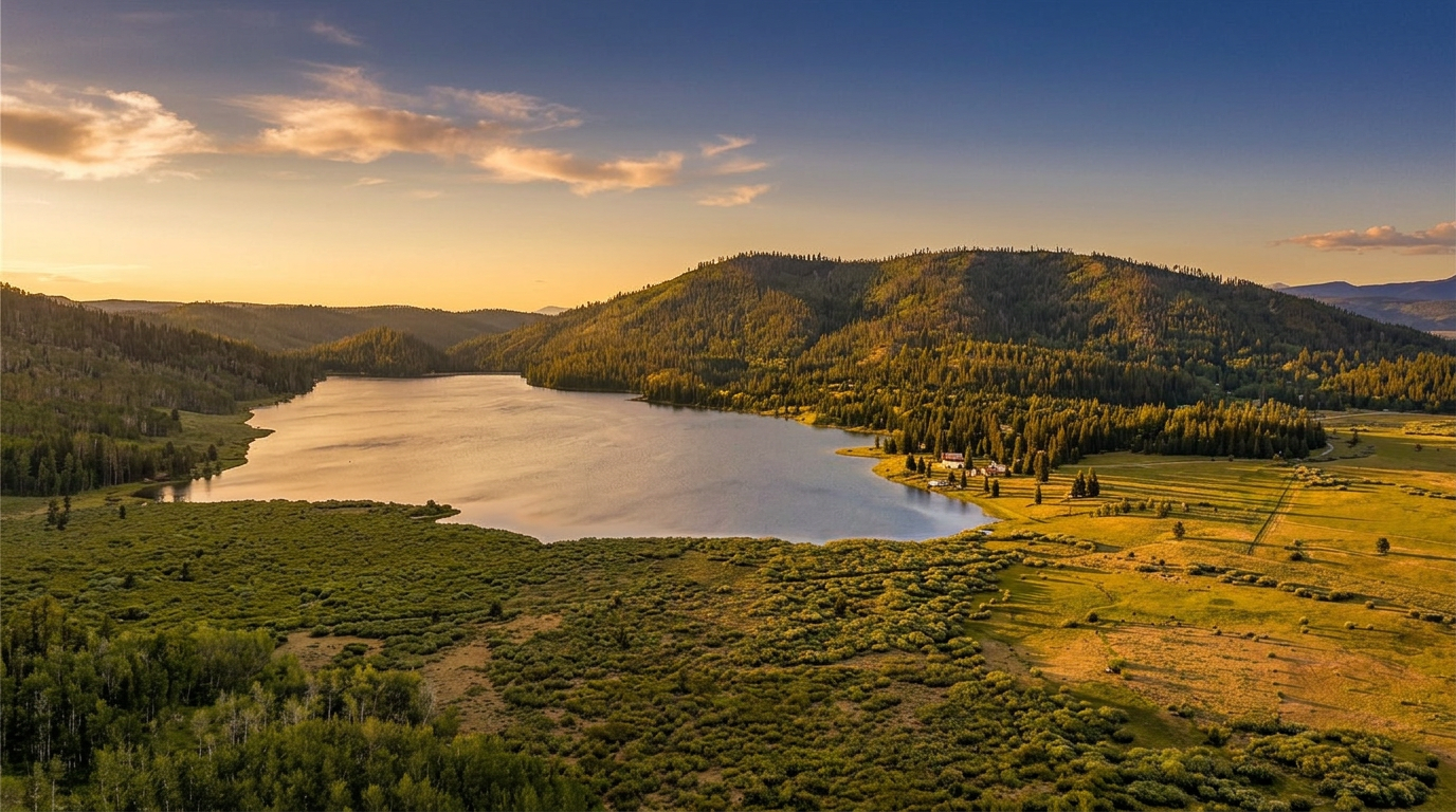 This expansive aerial view captures a serene mountain lake surrounded by lush, rolling hills and dense evergreen forests. A small cluster of buildings is nestled along the shoreline, providing a sense of seclusion and natural beauty. The landscape features a mix of vibrant green meadows and rugged terrain under a clear, bright blue sky, highlighting the property's prime location in a tranquil wilderness setting.