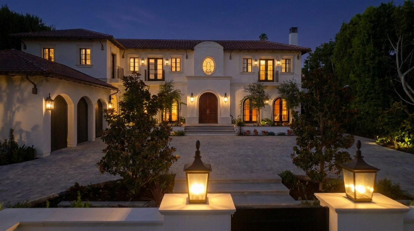 This stunning Mediterranean-style estate features a symmetrical facade with a grand arched entryway, a tiled roof, and crisp white stucco walls. The foreground showcases a meticulously landscaped driveway illuminated by elegant pillar lanterns, emphasizing the home's luxurious curb appeal. Surrounded by mature trees, the property exudes an aura of sophistication and exclusivity, characteristic of prime real estate in Brentwood Park.