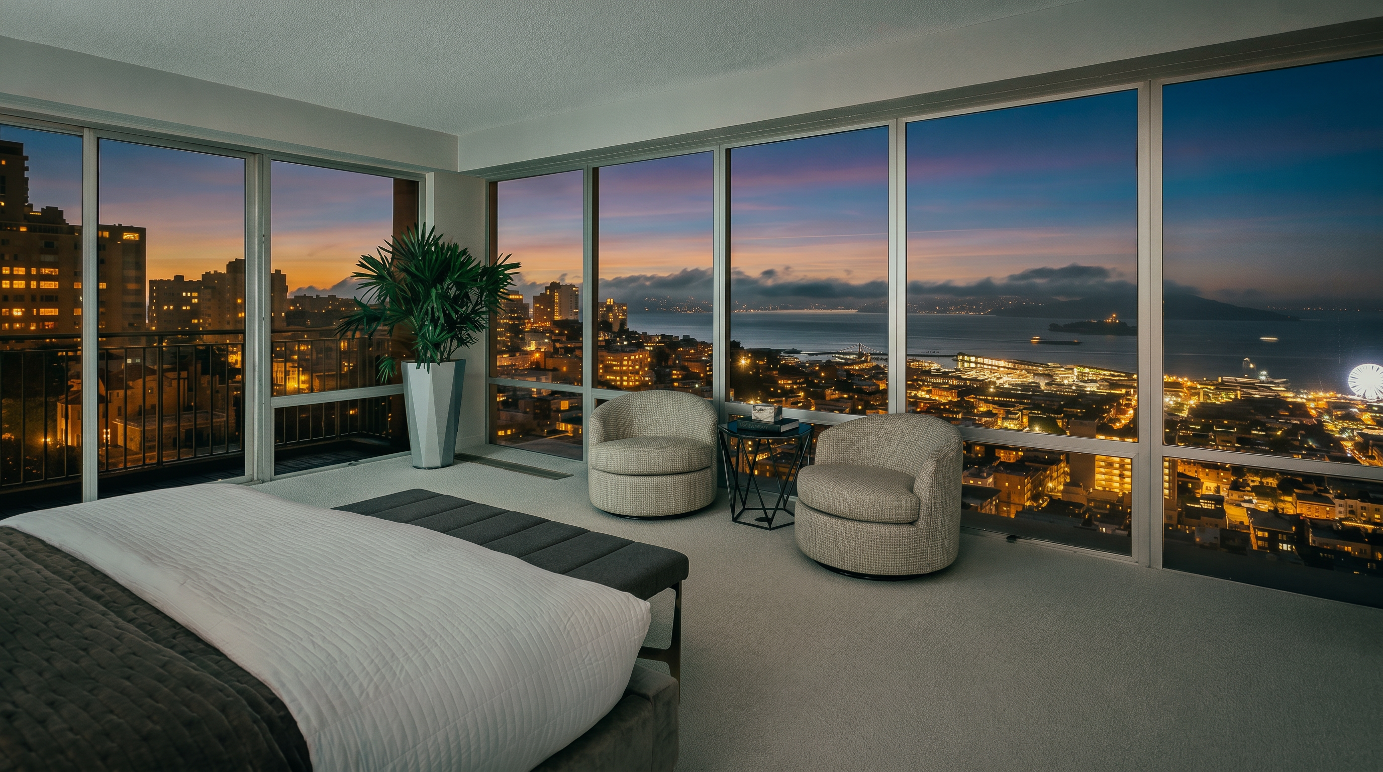 This primary bedroom features expansive floor-to-ceiling windows that offer a panoramic, elevated view of the city skyline and bay at twilight. The room is furnished with a plush bed in the foreground and two circular armchairs positioned near a small side table, creating a sophisticated seating area. The neutral color palette and soft carpeting emphasize a serene, luxurious atmosphere, while the dramatic sunset lighting enhances the cinematic quality of the space.
