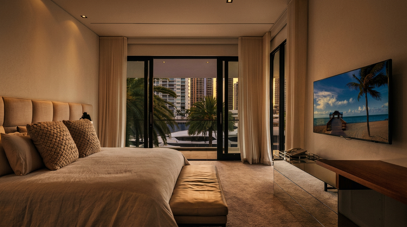 This modern primary bedroom features a neutral color palette and a plush bed with textured pillows, positioned to face a wall-mounted television. Large glass sliding doors provide access to a private balcony, offering an expansive view of the surrounding cityscape and palm trees. The room is finished with soft carpeting and a mirrored console table, creating a bright and sophisticated atmosphere.