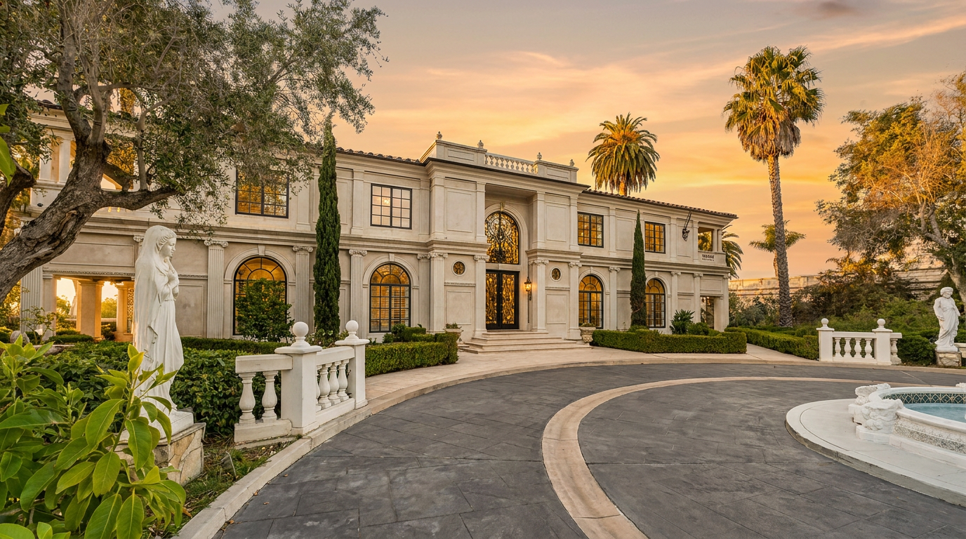 This grand, Mediterranean-inspired estate features a symmetrical facade with light-colored stucco, arched windows, and a prominent central entryway. A sweeping circular driveway leads up to the home, framed by manicured hedges, mature palm trees, and a decorative stone statue in the foreground. The bright blue sky and clear lighting emphasize the impressive scale and architectural elegance of the property.