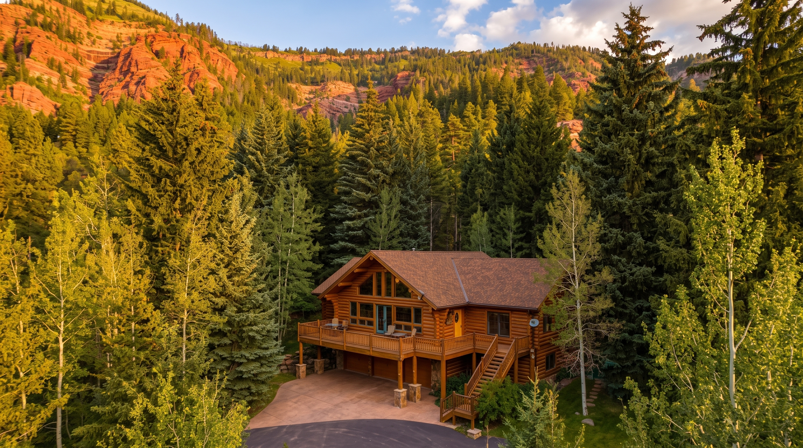 This high-angle aerial shot captures a rustic log cabin nestled within a dense forest of evergreen and deciduous trees. The home features a multi-level deck, a shingled roof, and a circular driveway, all set against a dramatic backdrop of rugged, red-rock mountain cliffs under a bright blue sky. The perspective emphasizes the property's secluded, mountainous location and its integration into the natural landscape.