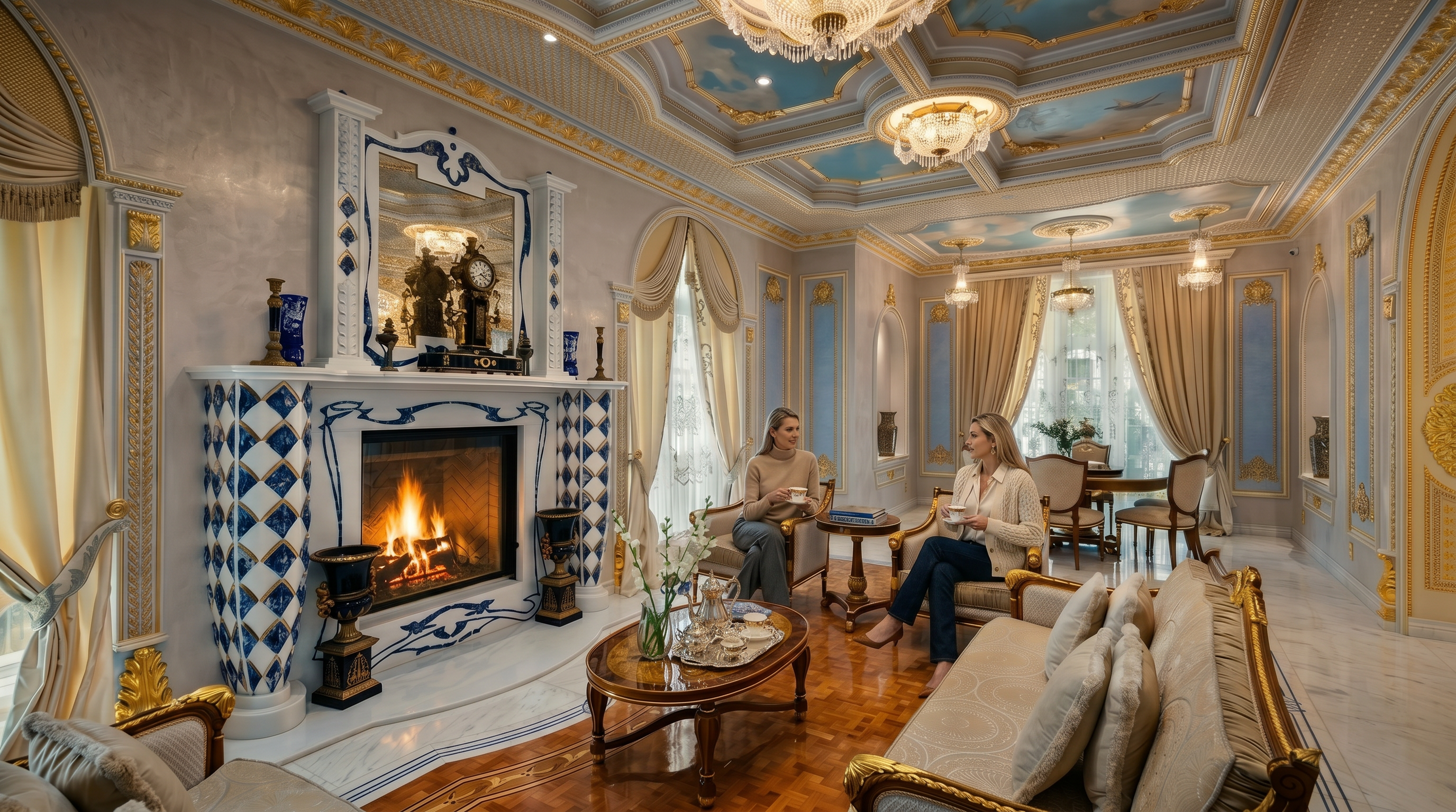 This opulent living room showcases a highly ornate, neoclassical design with a striking blue-and-white diamond-patterned fireplace as its focal point. The space features intricate gold-leaf crown molding, a hand-painted sky-themed ceiling with crystal chandeliers, and luxurious cream-colored upholstered furniture. The perspective is a wide-angle shot from the corner of the room, capturing the sophisticated blend of marble flooring, parquet wood, and elegant drapery that defines this grand interior.