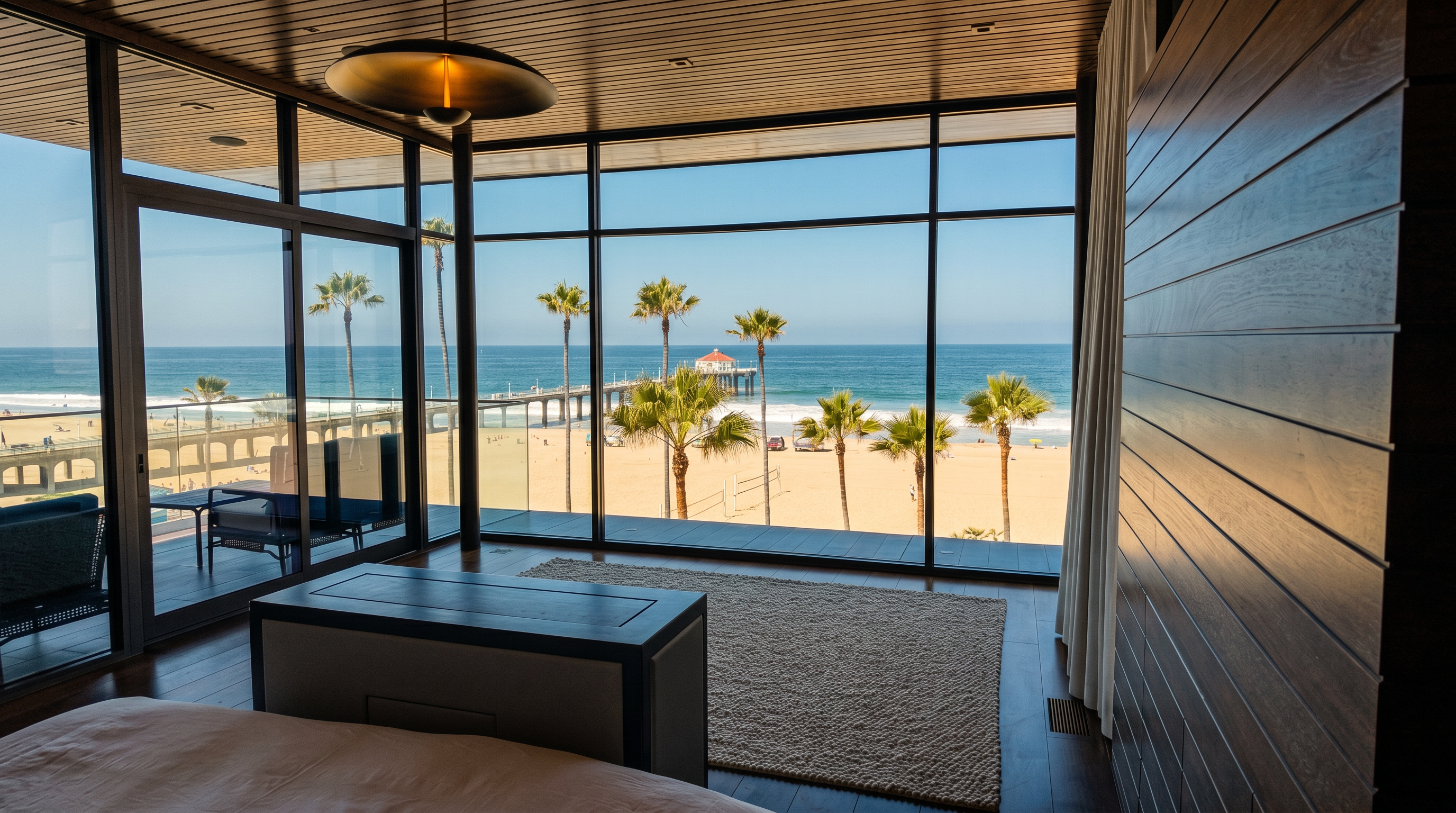 This primary bedroom features expansive floor-to-ceiling windows that frame a stunning, direct view of the ocean, beach, and a nearby pier. The room is finished with dark wood flooring and horizontal wood-paneled walls, creating a sophisticated, modern aesthetic. A textured area rug sits in the center of the room, leading toward the glass wall that opens onto a private balcony.