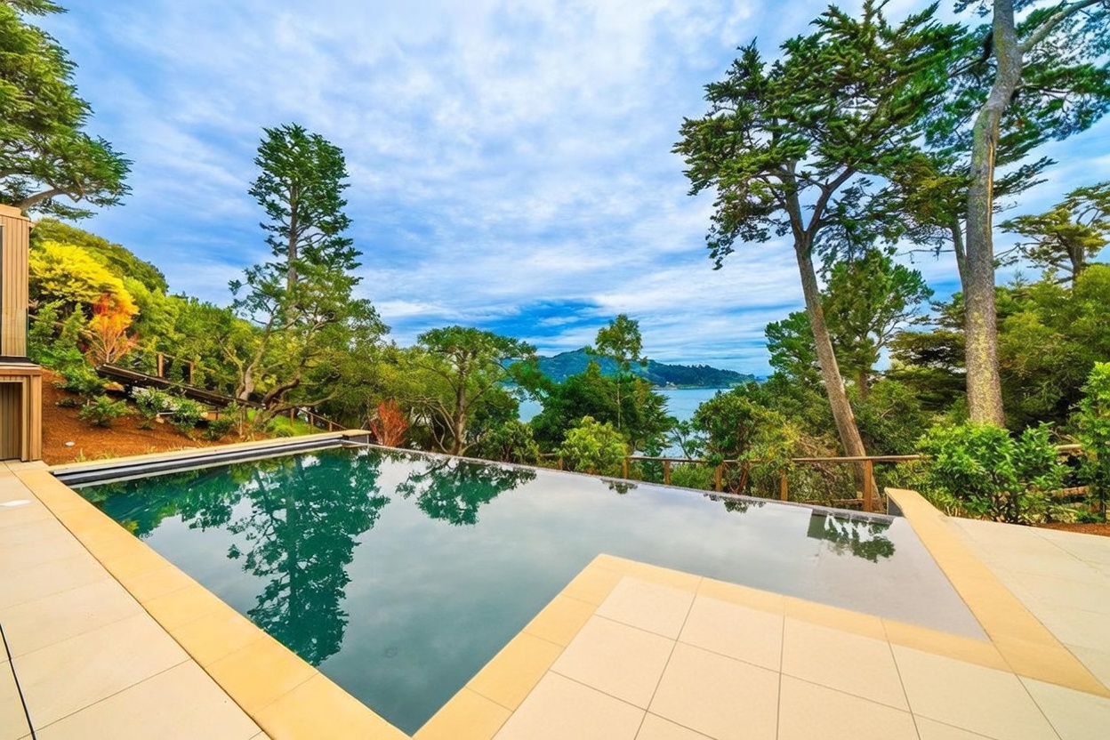 This stunning infinity-edge pool and integrated spa overlook a serene bay, framed by lush green trees and a distant mountain landscape. The pool deck is finished with light-toned stone tiles, creating a seamless transition between the outdoor living space and the natural surroundings. The perspective captures the tranquil water surface reflecting the cloudy sky, emphasizing the property's peaceful and scenic atmosphere.