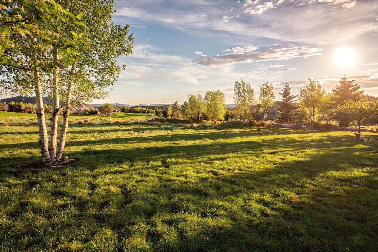 This expansive, sun-drenched backyard features a lush, rolling green lawn framed by mature aspen trees and distant mountain vistas. The golden hour light casts long, dramatic shadows across the grass, creating a serene and picturesque atmosphere. The perspective is a wide-angle landscape shot that emphasizes the generous open space and the tranquil, natural setting of the property.