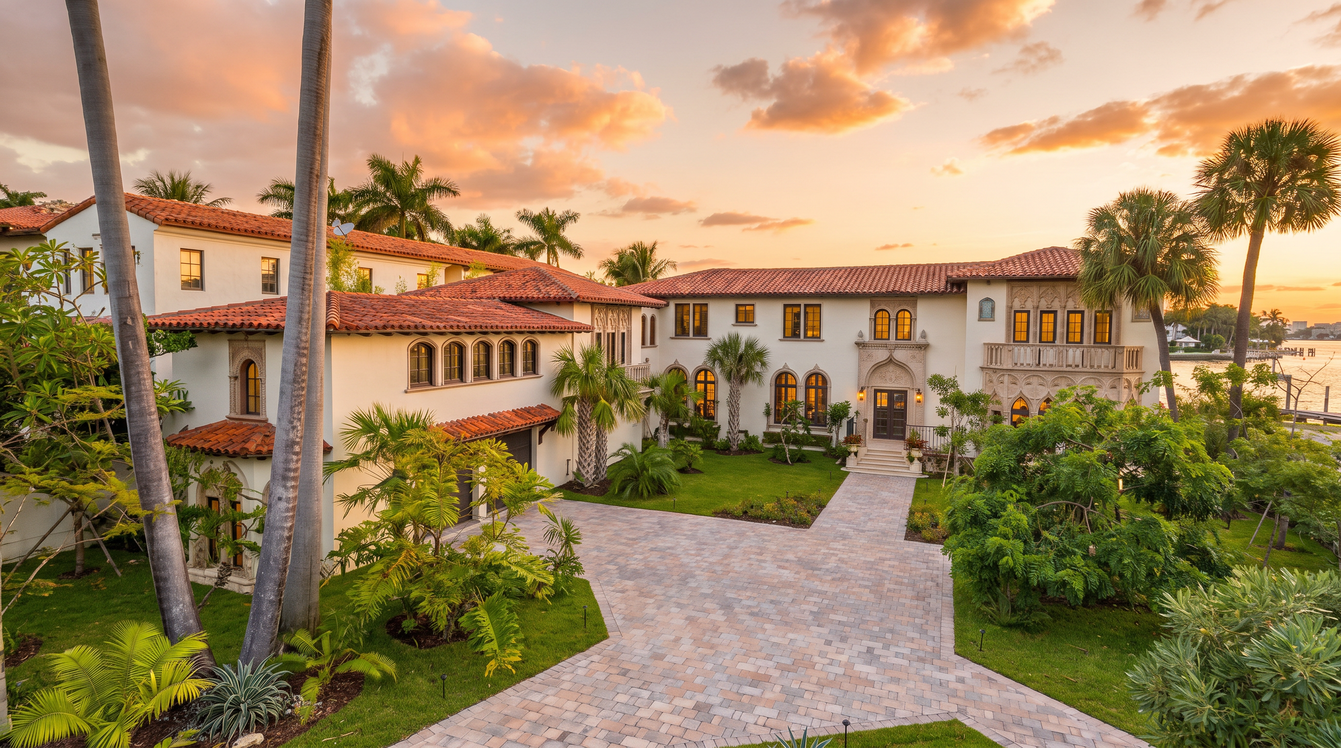 This grand Mediterranean-style estate features a sprawling layout with terracotta roof tiles, light-colored stucco walls, and arched architectural details. A wide, paved driveway leads to the main entrance, surrounded by lush green lawns, mature palm trees, and manicured landscaping. The property is situated along a waterfront, offering a serene and luxurious atmosphere with clear blue skies above.