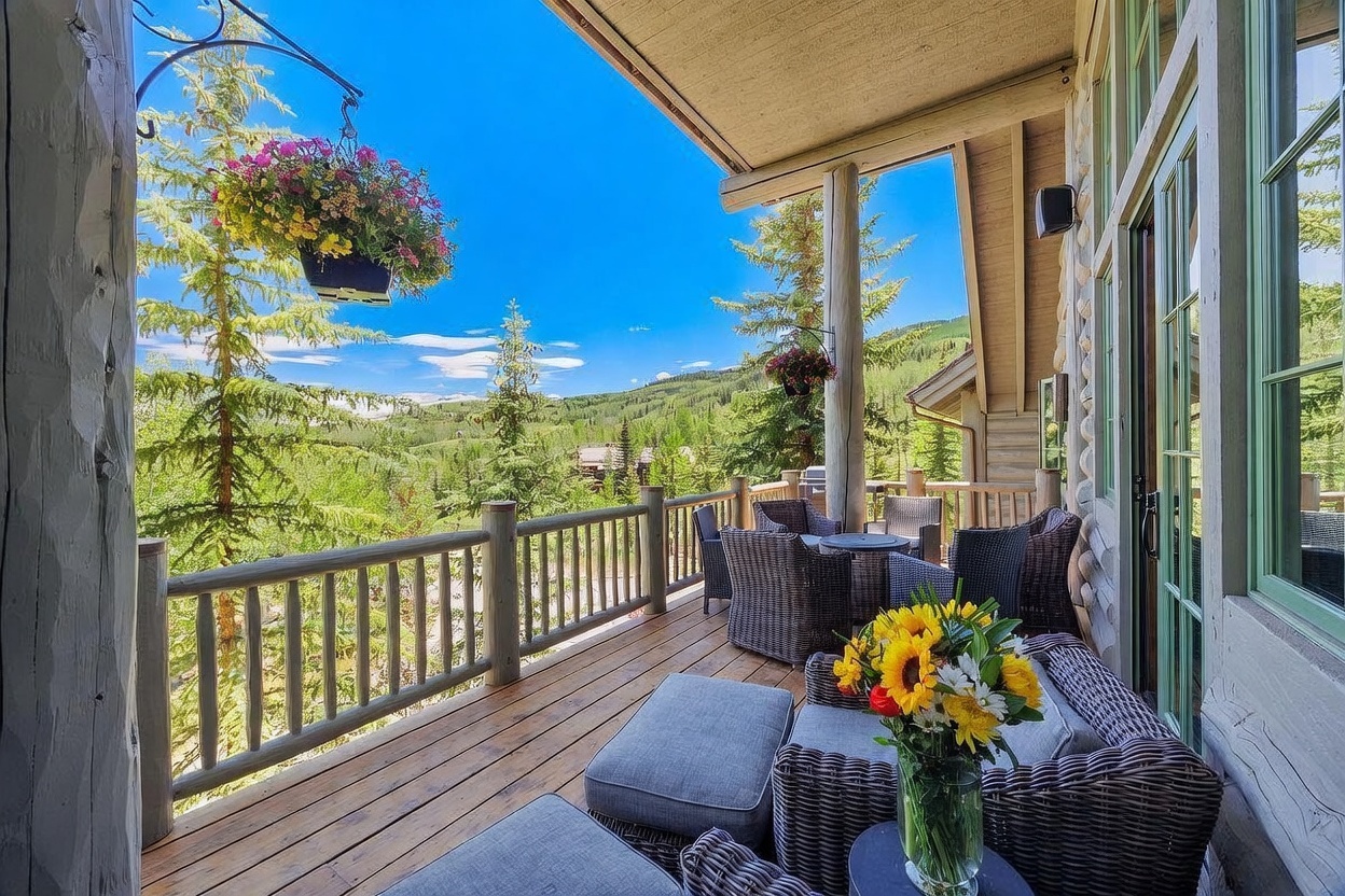 This expansive wooden deck offers a serene outdoor living space with comfortable wicker furniture and a vibrant bouquet of sunflowers in the foreground. The deck is partially covered by a roof overhang, providing a shaded area that overlooks a lush, mountainous landscape under a clear blue sky. Hanging flower baskets add a touch of color to the rustic log-style architecture, creating an inviting atmosphere for relaxation and taking in the scenic views.