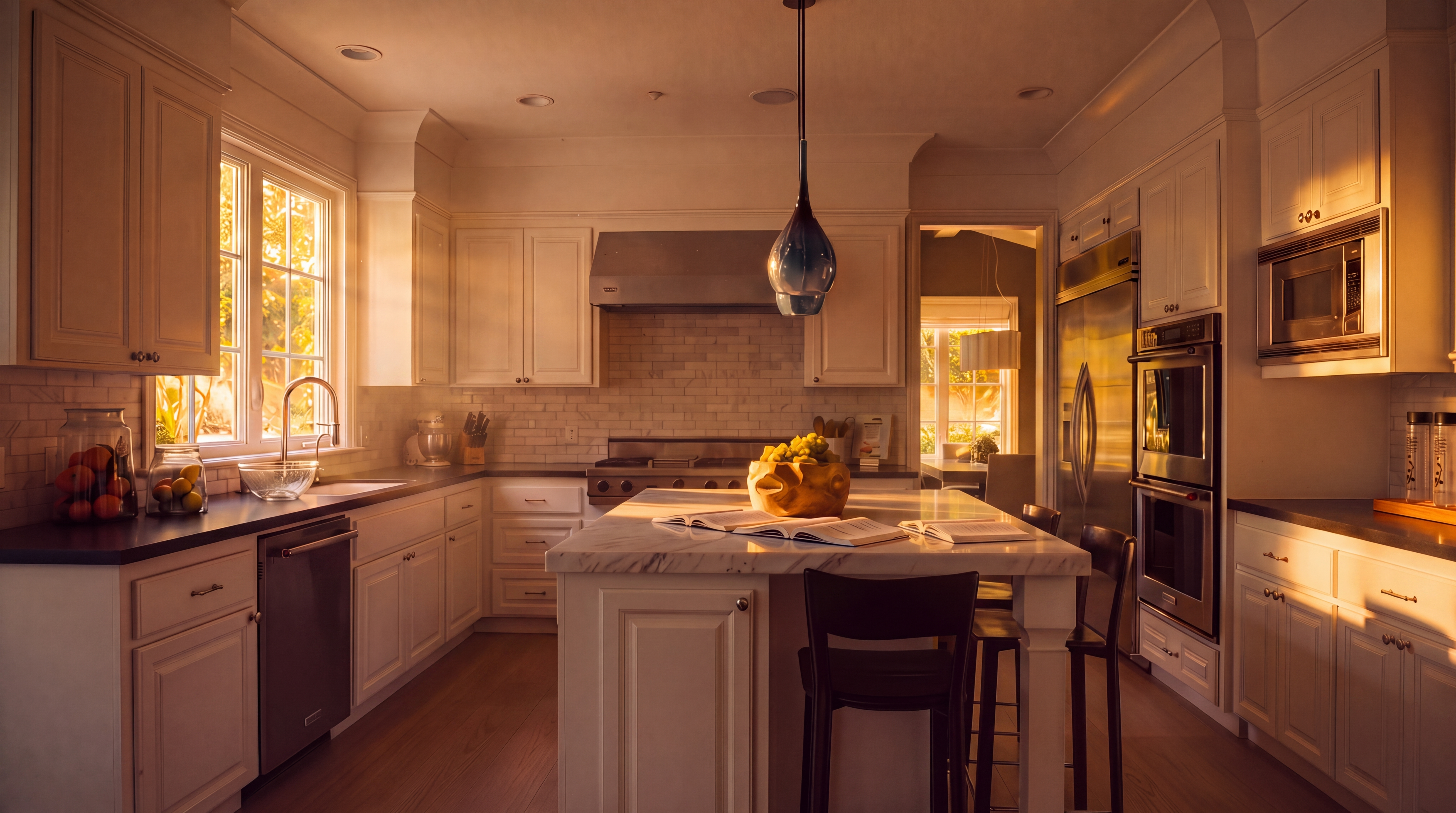 This bright and spacious kitchen features crisp white cabinetry, a large central island with a stone countertop, and light wood flooring. The space is equipped with high-end stainless steel appliances, including a double wall oven and a professional-style range hood, complemented by a classic subway tile backsplash. Two striking blue pendant lights hang above the island, which provides seating for two, creating a clean and inviting atmosphere perfect for culinary activities.