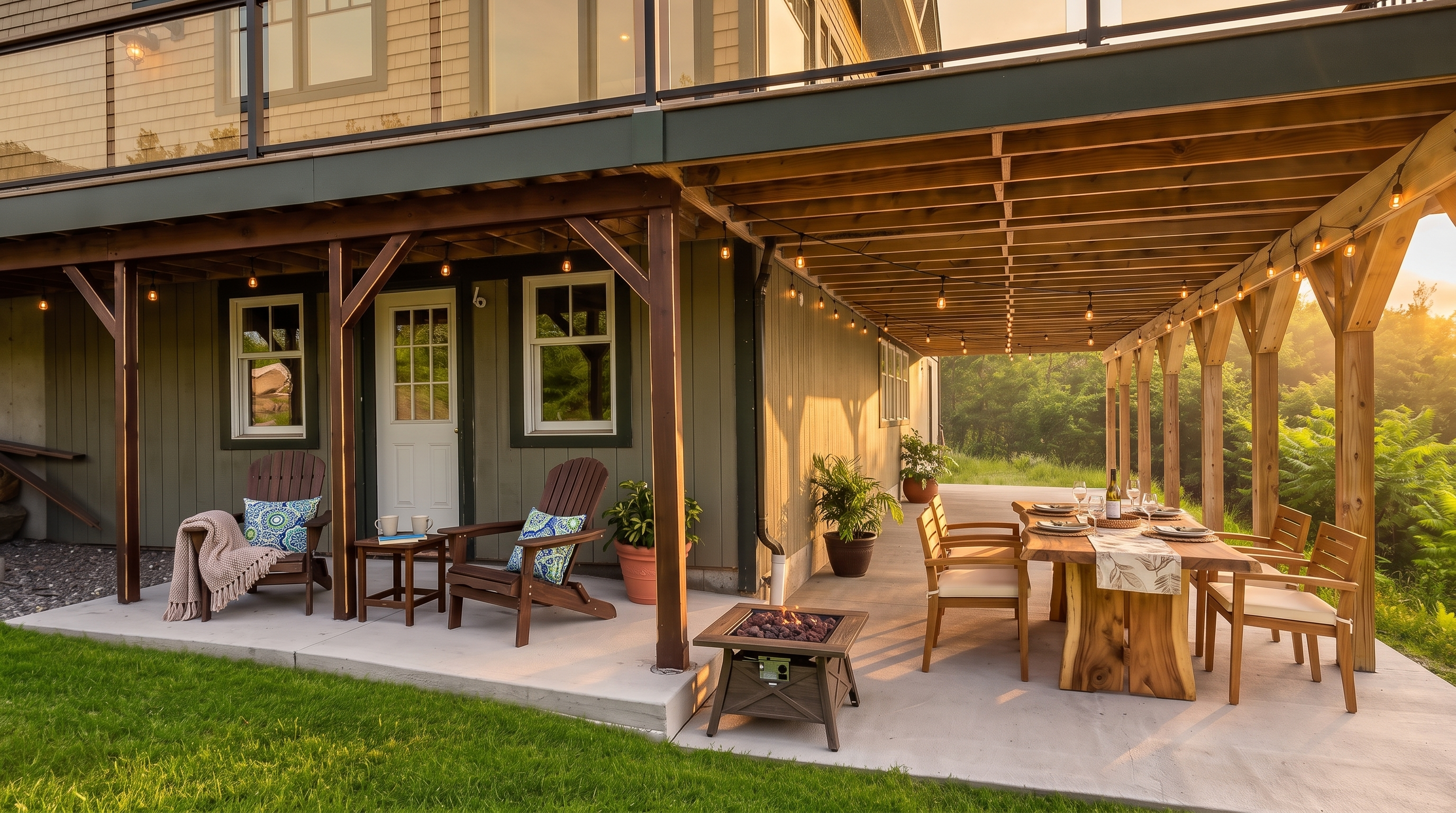 This image features the rear exterior of a multi-story home, showcasing a large, elevated deck supported by sturdy wooden posts over a concrete ground-level patio. The structure displays a blend of earth-toned vinyl shake siding on the upper story and green vertical siding on the lower level, complemented by a white exterior door. The wide patio space underneath the deck provides a versatile outdoor area, while the surrounding green lawn highlights a natural, scenic residential setting.