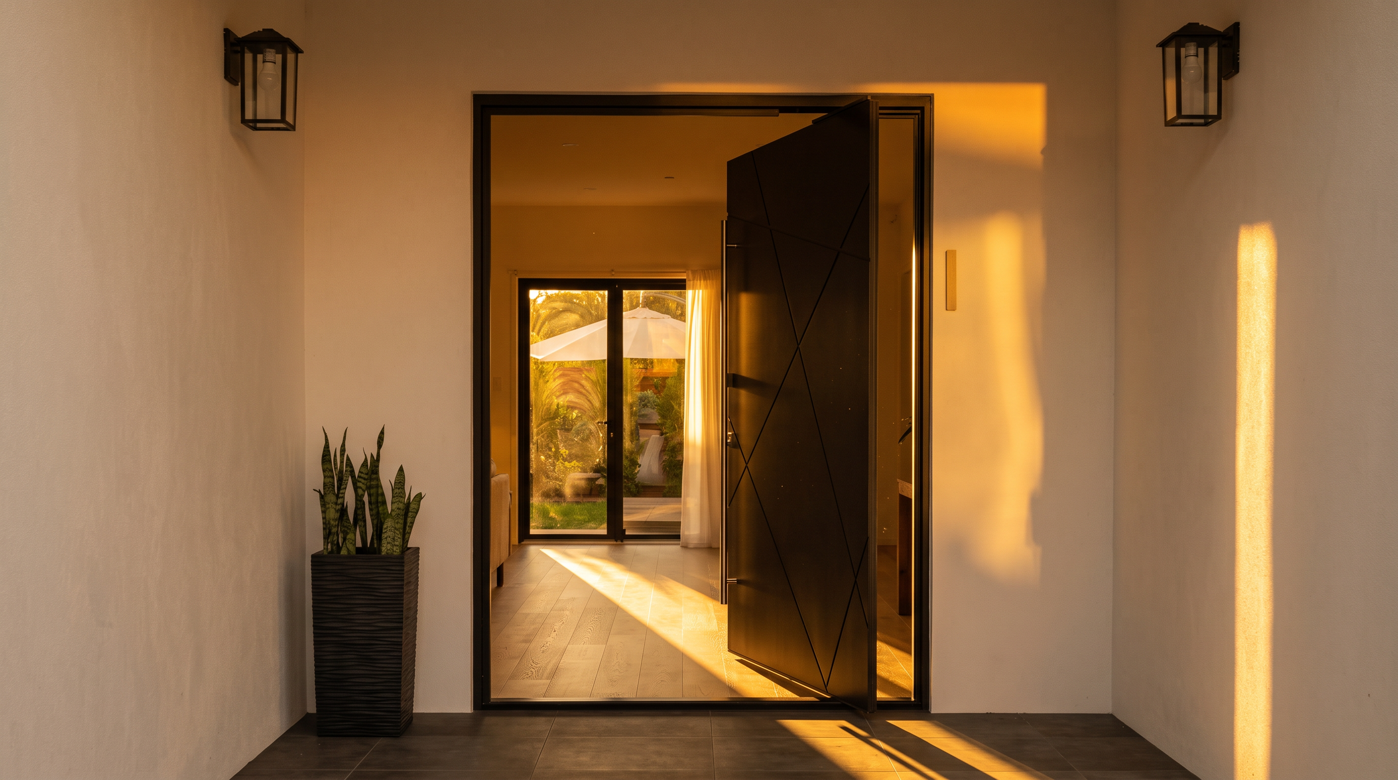 This entryway features a striking, oversized modern front door with a geometric pattern and a long, vertical silver handle. The entrance is framed by white walls, two matching black lantern-style wall sconces, and a tall, textured black planter containing a snake plant. The perspective is centered, looking through the open doorway into a bright, light-wood floored interior space that leads to a view of a backyard patio.