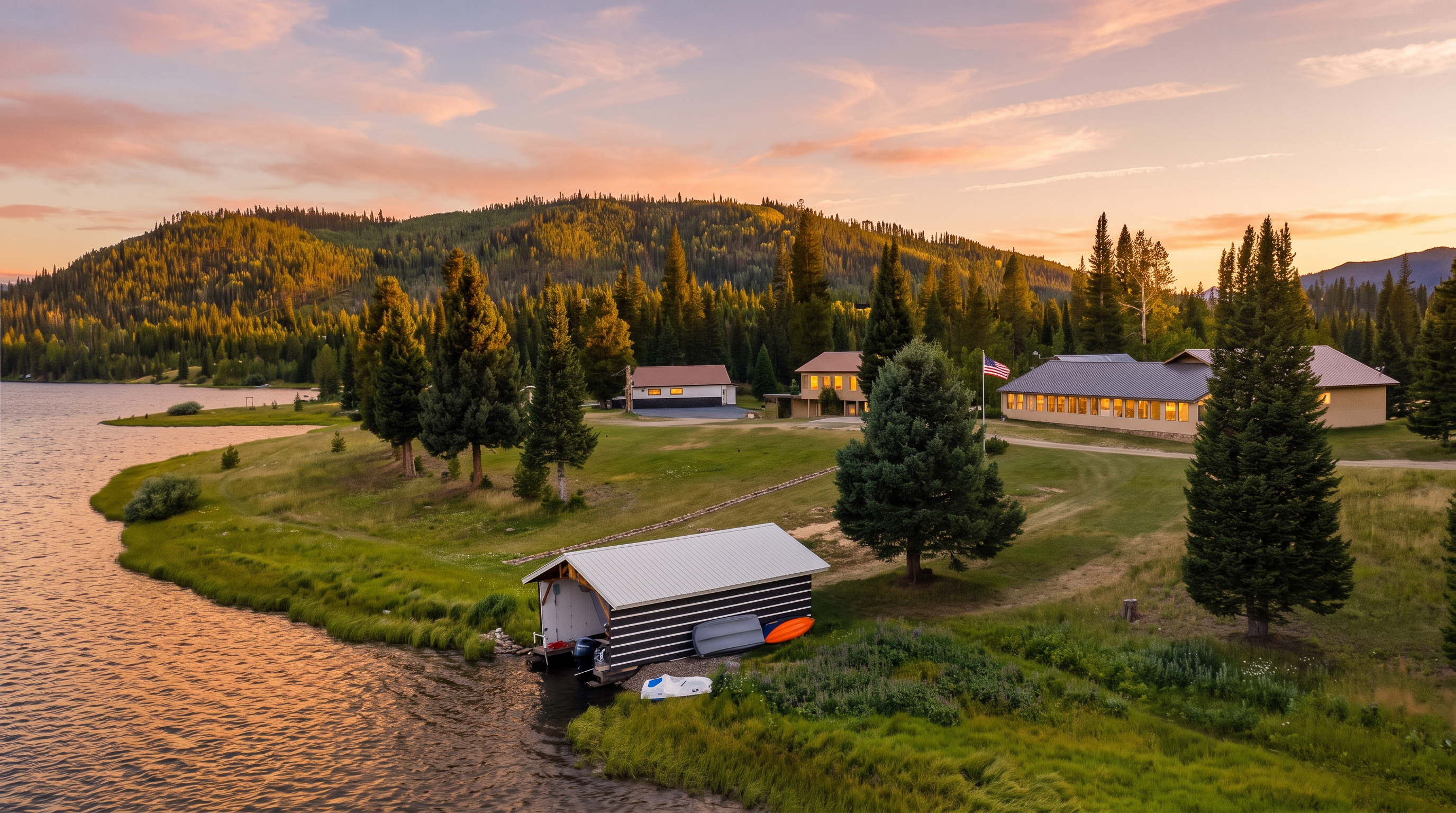 This aerial perspective captures a serene lakeside property featuring a boat house at the water's edge and several residential buildings nestled among mature pine trees. The expansive, grassy landscape slopes gently toward the blue lake, creating a peaceful and secluded atmosphere. The scene is framed by a backdrop of rolling, forested hills under a clear, bright sky, highlighting the property's natural beauty and waterfront access.