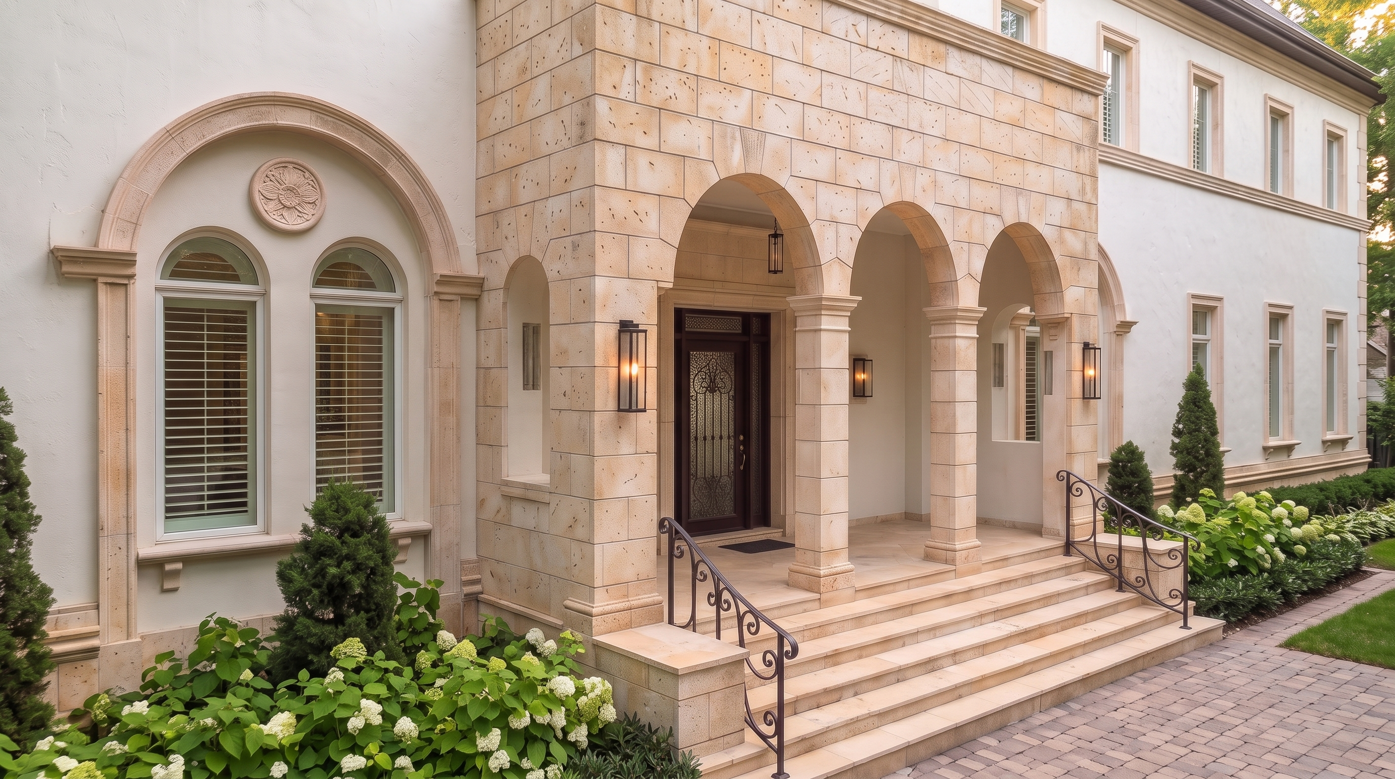 This elegant Mediterranean-inspired home features a sophisticated stone-clad entryway with a set of three grand arches. The front entrance is framed by stone masonry, decorative wall lights, and iron railings, leading up a wide set of stone stairs to a glass-paneled dark wood door. Lush landscaping with hydrangeas adds a vibrant, welcoming touch to the refined architectural facade.