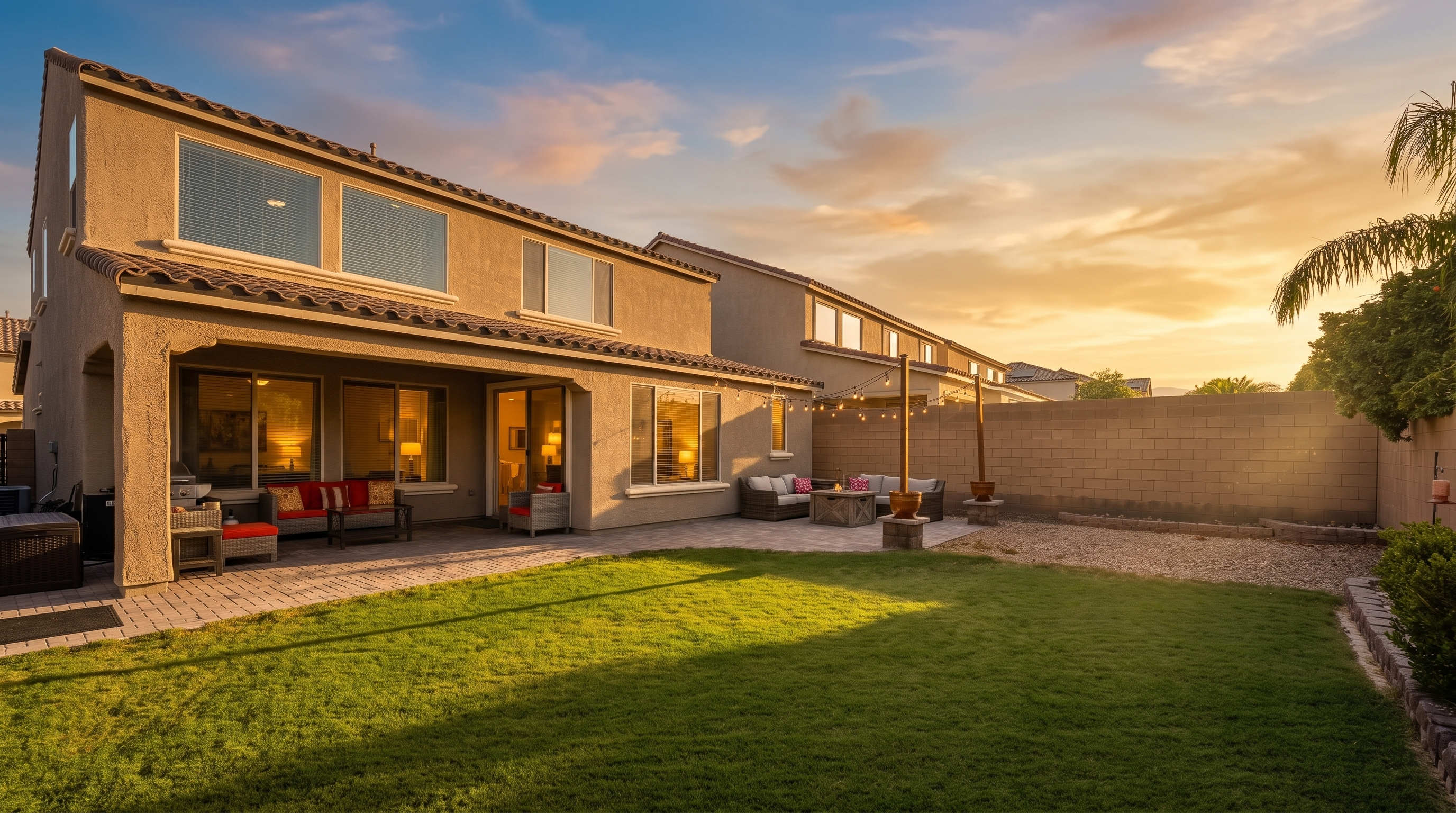 This rear exterior view showcases a spacious backyard featuring a well-manicured green lawn and a paved patio area perfect for outdoor entertaining. The two-story home includes a covered patio with comfortable seating, while the open area features a fire pit and string lighting, all enclosed by a tall masonry wall. The perspective captures the full depth of the yard, highlighting the blend of hardscaping and soft landscaping in a bright, sunny setting.