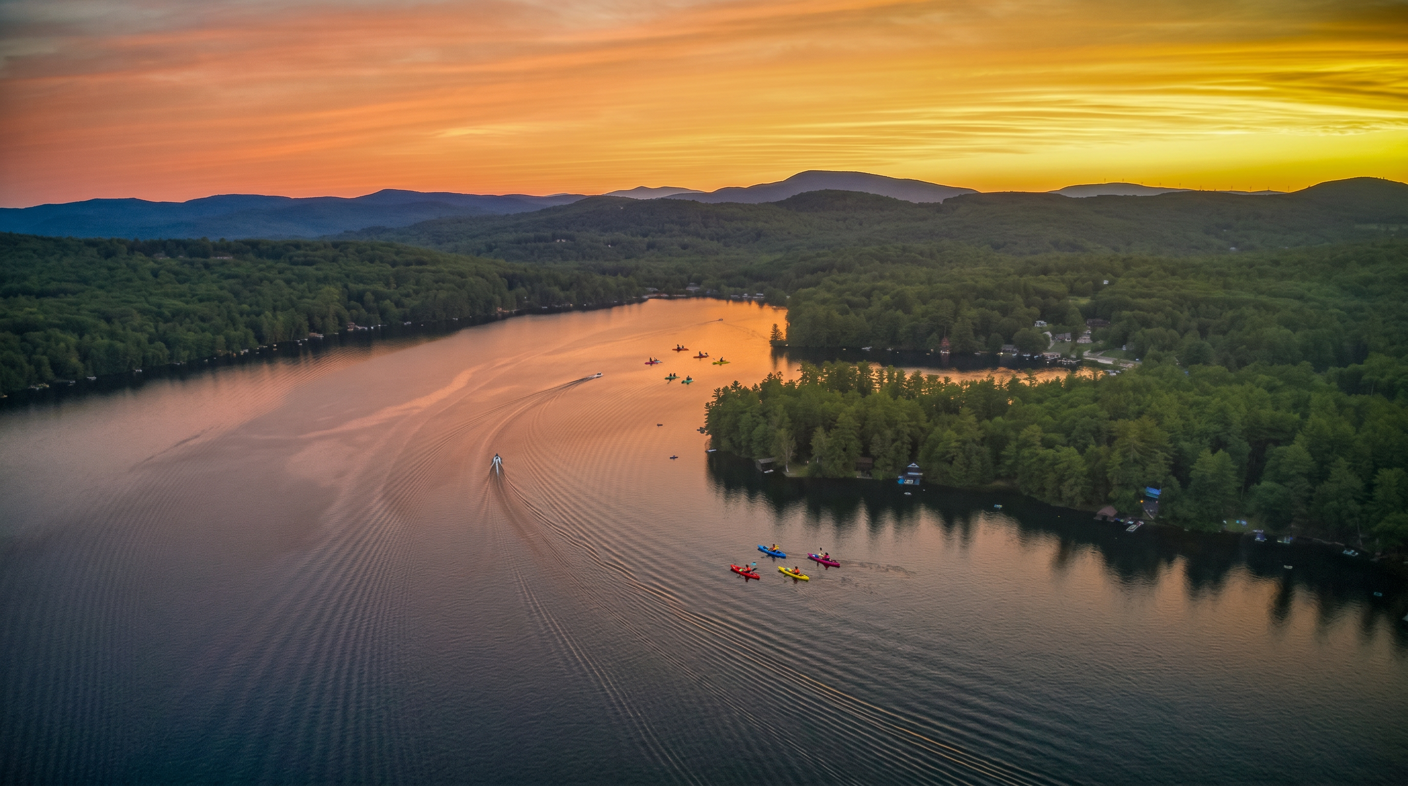This stunning aerial perspective captures a serene lake at sunset, framed by lush, dense forests and rolling mountains in the distance. A single boat leaves a gentle wake across the calm, reflective water, highlighting the tranquil and expansive nature of the property's surroundings. The golden hour light casts a warm, vibrant glow over the landscape, emphasizing the peaceful and scenic appeal of this waterfront location.