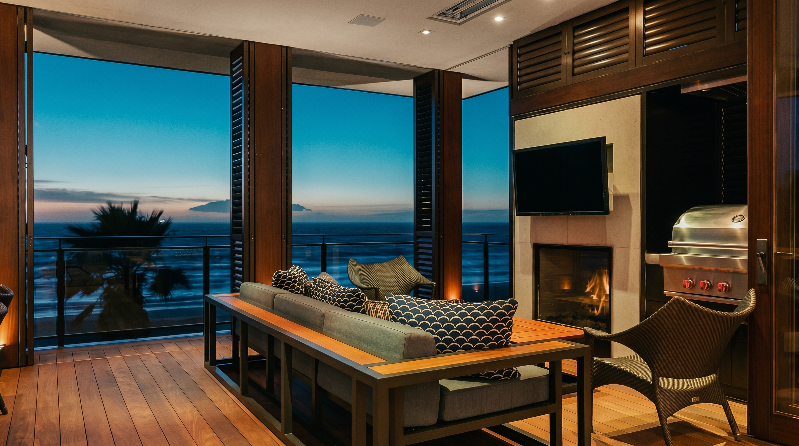 This luxurious covered balcony offers a seamless indoor-outdoor living experience with panoramic ocean views. The space is furnished with a modern sofa featuring patterned cushions and a woven armchair, centered around a built-in fireplace and a stainless steel grill integrated into the wall. The warm wood decking and open-air design create a sophisticated, tranquil atmosphere perfect for coastal relaxation.