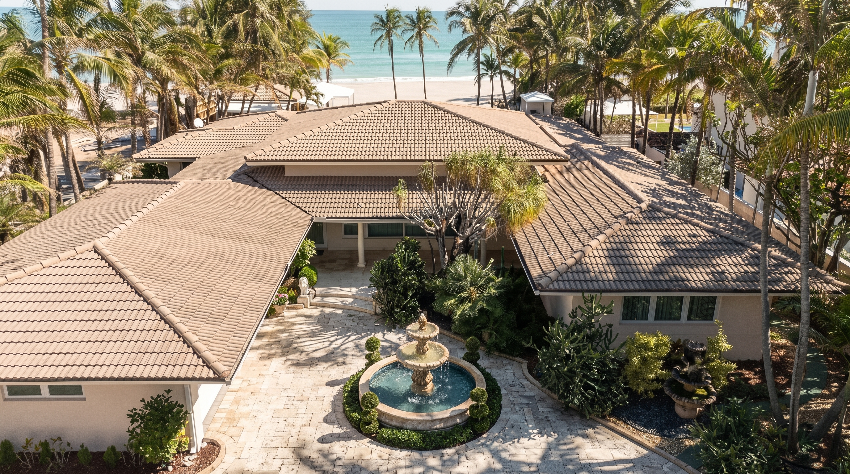 This high-angle aerial view captures a sprawling, single-story residence with a multi-gabled tile roof, situated directly on a sandy beach. A paved circular driveway leads to the home's entrance, surrounded by lush tropical landscaping and mature palm trees. The property offers a seamless transition from the private residence to the oceanfront, emphasizing its prime coastal location.