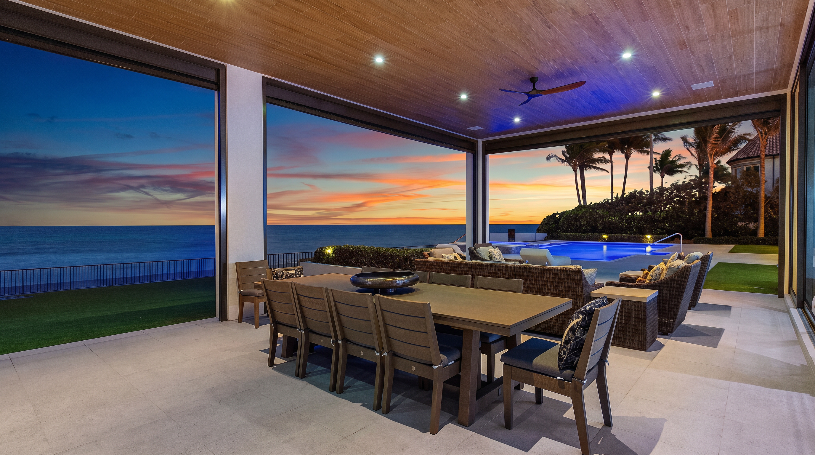 This expansive covered patio offers a seamless transition between indoor and outdoor living, featuring a large dining table and comfortable lounge seating. The space is framed by massive, retractable glass walls that reveal a stunning sunset view over the ocean and a private swimming pool. The ceiling is finished in warm-toned wood planks with recessed lighting, creating a sophisticated and inviting atmosphere for evening relaxation.