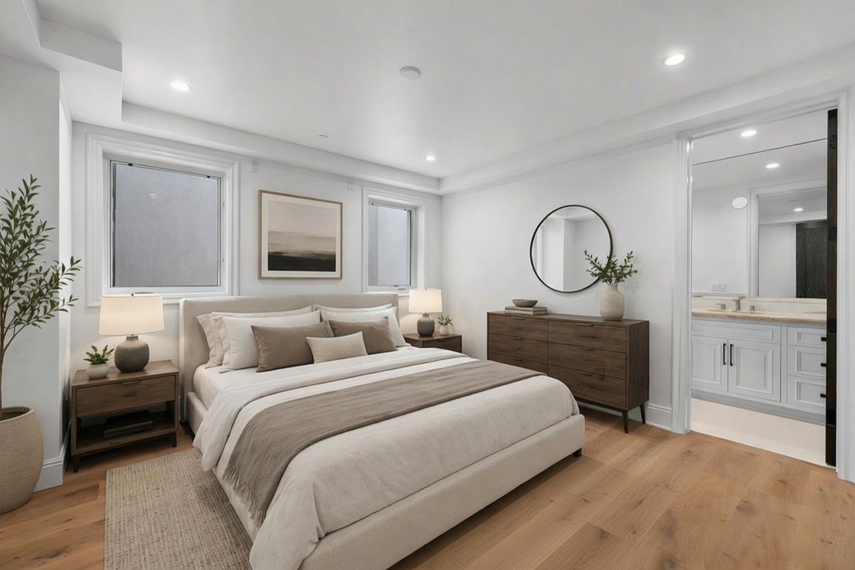 This primary bedroom features a neutral color palette with light-toned walls, light wood flooring, and a textured area rug. The room is anchored by a large upholstered bed with layered bedding, flanked by two matching wooden nightstands with table lamps. A wooden dresser sits against the wall, topped with a round mirror and a decorative vase, while an open doorway leads into an adjacent bathroom.