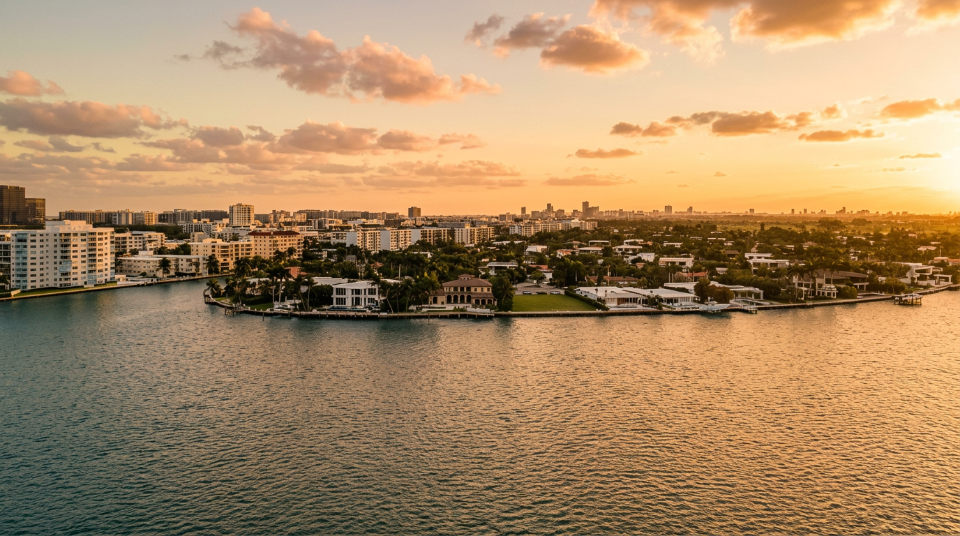 This wide-angle aerial view captures a scenic waterfront peninsula lined with luxury residential properties and lush tropical landscaping. The foreground features a vibrant blue waterway, while the background reveals a sprawling cityscape under a clear, expansive sky. The perspective emphasizes the prime coastal location and the tranquil, high-end lifestyle associated with this waterfront community.
