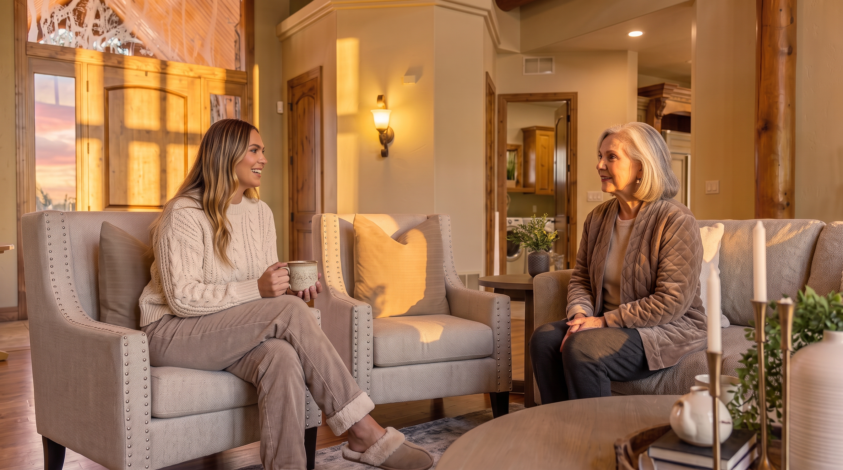 This expansive living room features a dramatic vaulted ceiling with exposed log beams and a warm, rustic aesthetic. The space is furnished with a neutral-toned sofa, two matching armchairs, and a circular coffee table centered on a large area rug. Large windows and a glass-paneled front door allow for abundant natural light, creating an inviting and open atmosphere that flows into the adjacent dining area.