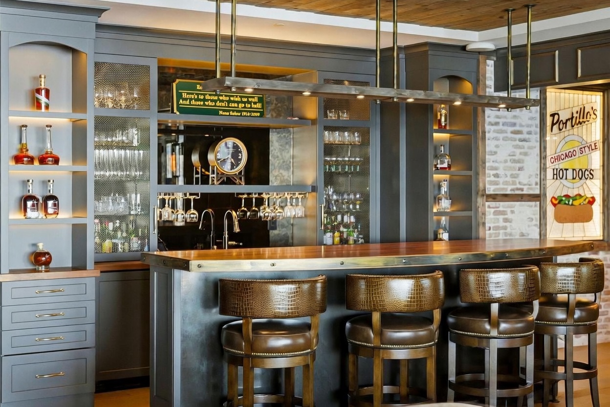 This sophisticated home bar area features a dark-toned cabinetry design with integrated shelving, glass-fronted cabinets, and a warm wood-topped counter. Four leather-upholstered bar stools with a textured finish are arranged along the counter, while a hanging light fixture and a decorative sign add character to the space. The perspective is a straight-on, eye-level shot that highlights the bar as a central entertainment feature.
