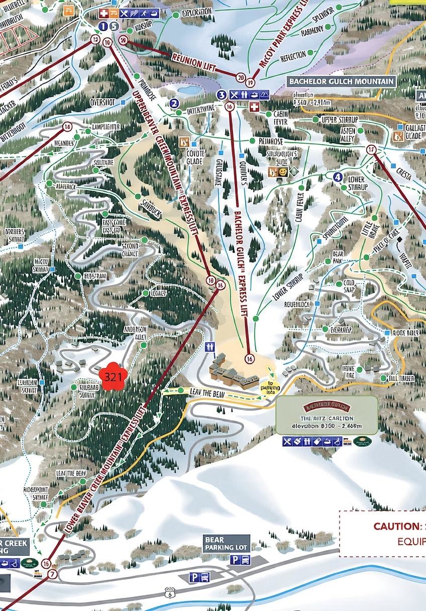 This image is a detailed trail map of the Bachelor Gulch mountain area, illustrating various ski runs, chairlifts, and resort amenities. The map features a top-down, illustrated perspective that highlights the topography, lift lines, and key locations like The Ritz-Carlton. It serves as a navigational guide for the ski resort, providing a clear overview of the mountain's layout and connectivity.