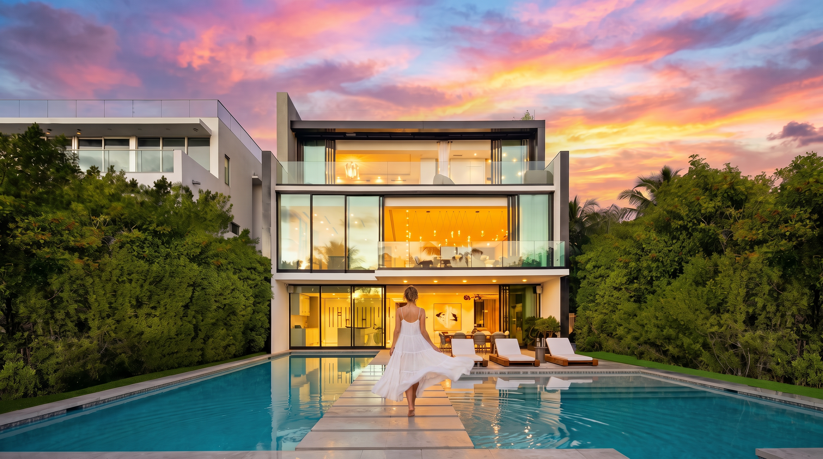 This modern, multi-story residence features a striking contemporary design with extensive glass walls that provide a seamless connection between the interior and the outdoor living space. The rear of the home opens onto a rectangular swimming pool with a stone walkway extending across the water, flanked by three lounge chairs on the patio. Lush green trees frame the property, creating a private and serene atmosphere for this high-end architectural home.