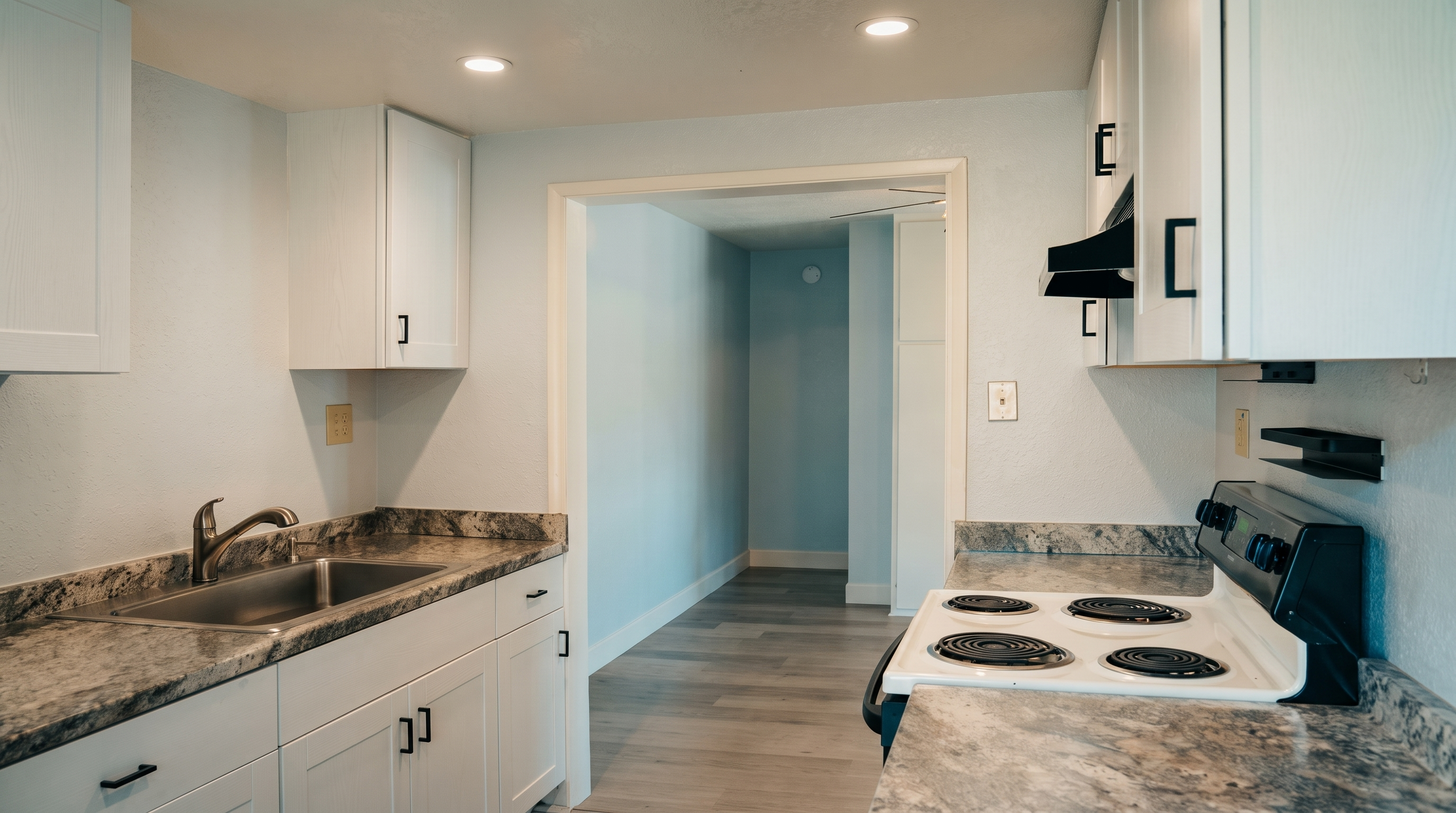 This bright kitchen features white cabinetry paired with patterned stone-look countertops and light-toned wood-style flooring. The space includes a stainless steel sink, a white electric range, and a black range hood, all set against a neutral wall color. The perspective looks directly into the kitchen area, highlighting the clean, functional layout and the open transition into an adjacent hallway.