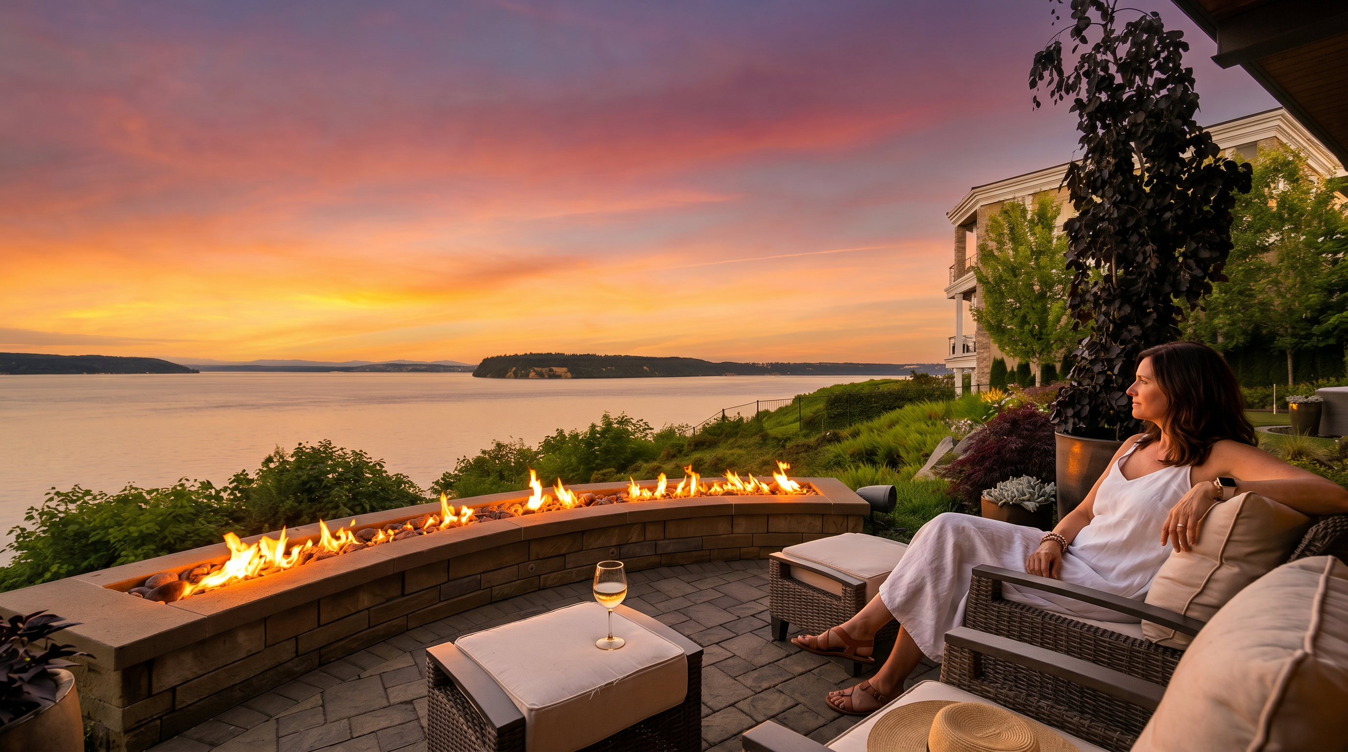 This elevated patio offers a stunning, panoramic view of a calm body of water at sunset, with a soft pink and orange sky reflecting over the horizon. The space is anchored by a curved, stone-built fire feature filled with glowing embers, complemented by comfortable wicker lounge chairs and ottomans. Lush greenery and a large potted tree frame the scene, creating a serene and luxurious outdoor living environment.