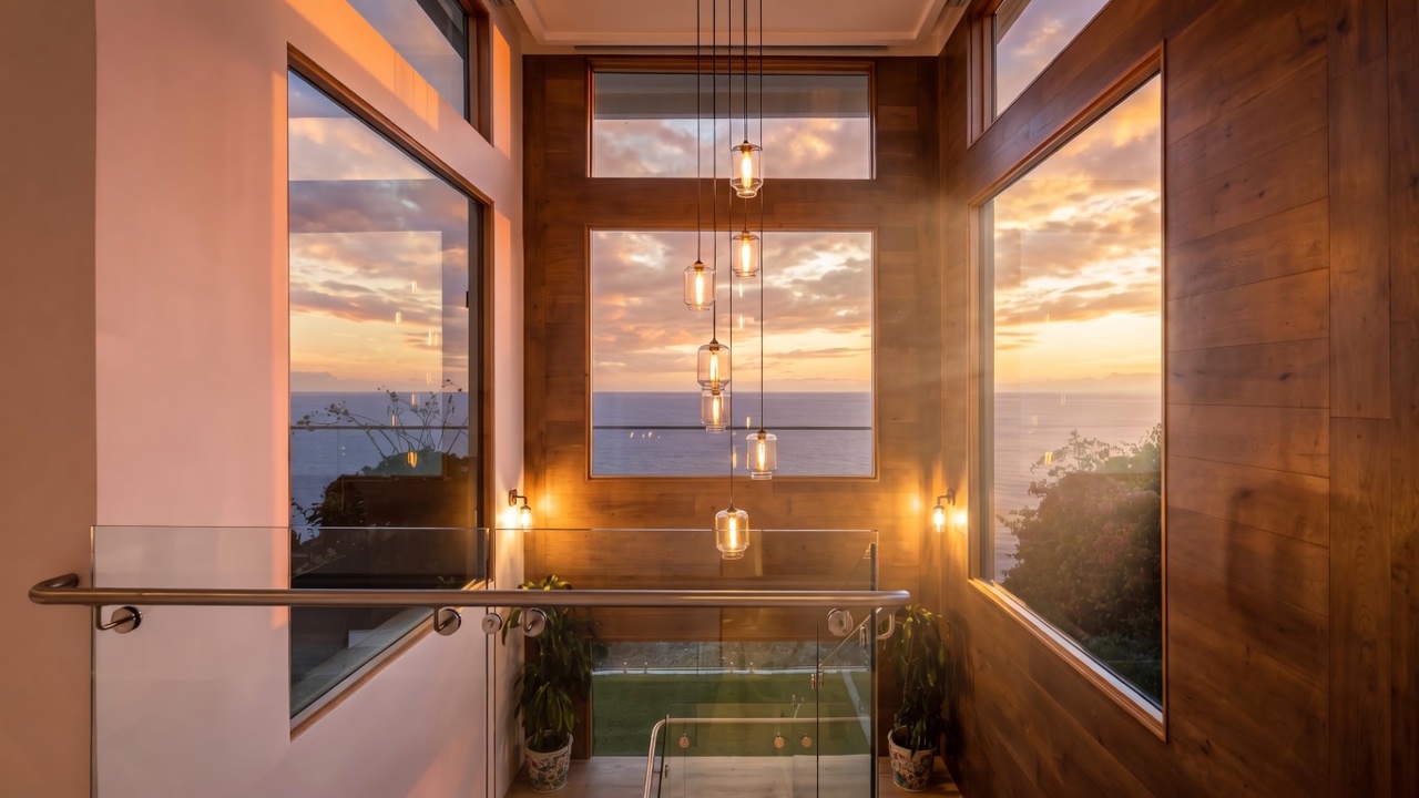 This striking staircase landing features a modern glass railing and warm wood-paneled walls that frame expansive, tall windows overlooking the ocean. A cluster of elegant, cylindrical pendant lights hangs from the ceiling, creating a dramatic focal point above the stairs. The space blends contemporary architectural design with natural textures, offering a bright and airy atmosphere with panoramic coastal views.