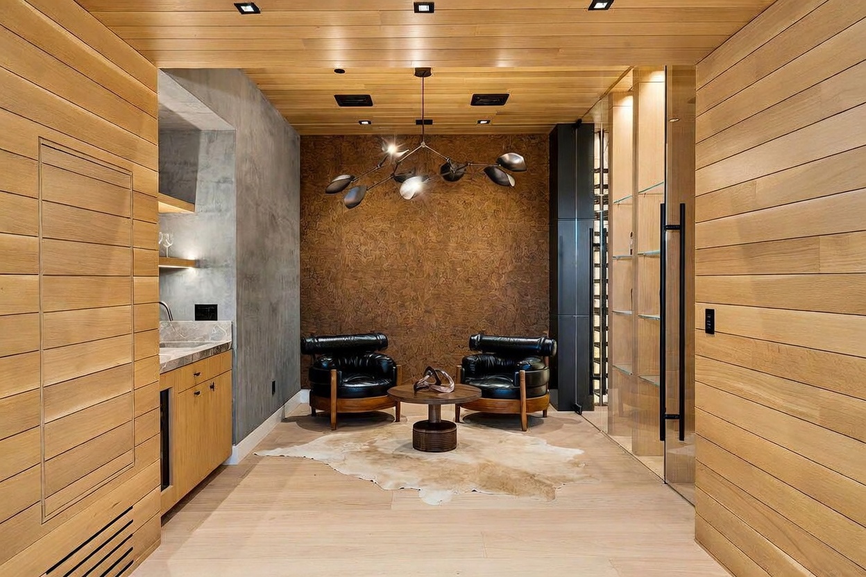 This sophisticated lounge area features a textured, dark-toned accent wall paired with warm light wood paneling on the ceiling and side walls. Two black leather armchairs are arranged around a small circular table atop a cowhide rug, creating an intimate seating nook adjacent to a wet bar and a glass-enclosed wine storage display. The perspective is centered and symmetrical, highlighting the high-end finishes and modern lighting fixtures that define this luxurious space.