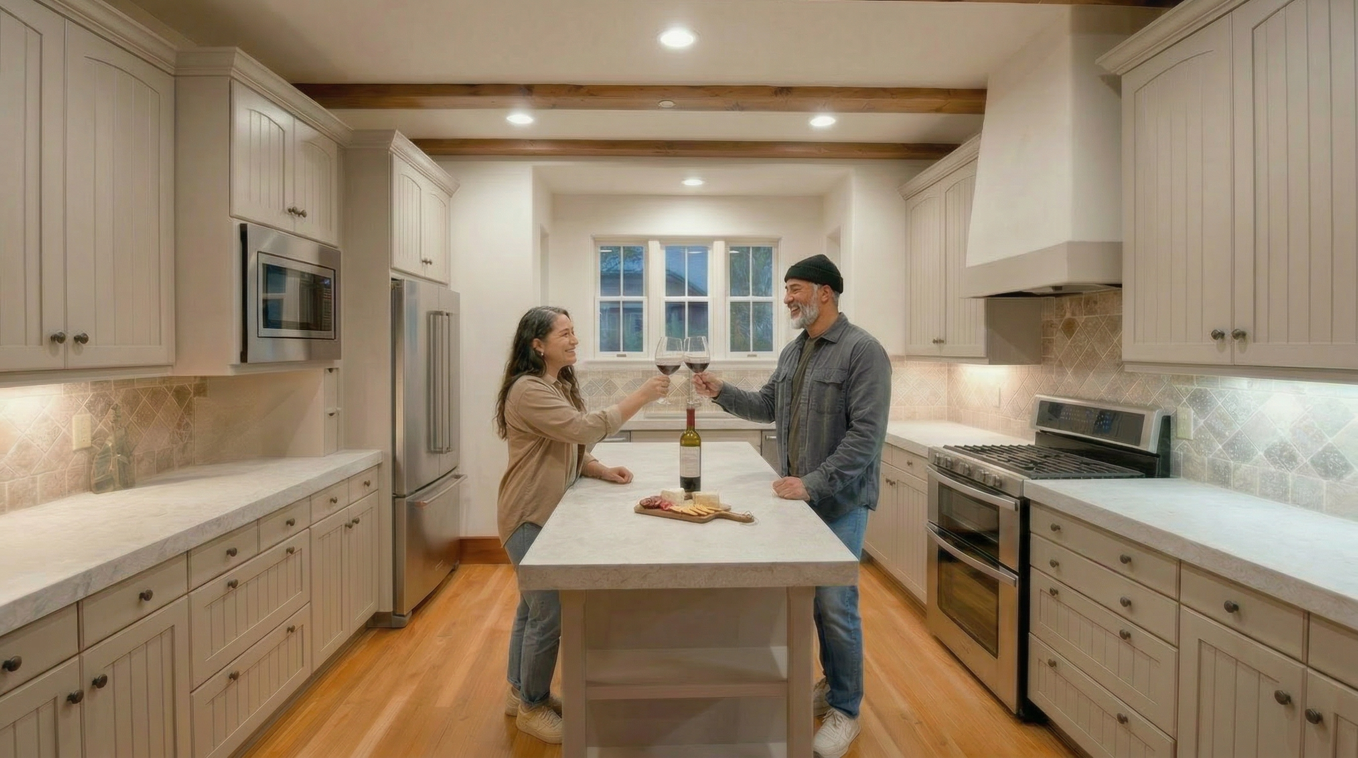 This updated kitchen features a classic aesthetic with light-toned cabinetry, natural wood flooring, and a large central island topped with a stone countertop. The space is well-lit with recessed lighting and warm wood ceiling beams, complemented by subway tile backsplash and high-end stainless steel appliances. It creates an inviting atmosphere, enhanced by a couple enjoying wine at the center island, perfect for entertaining.