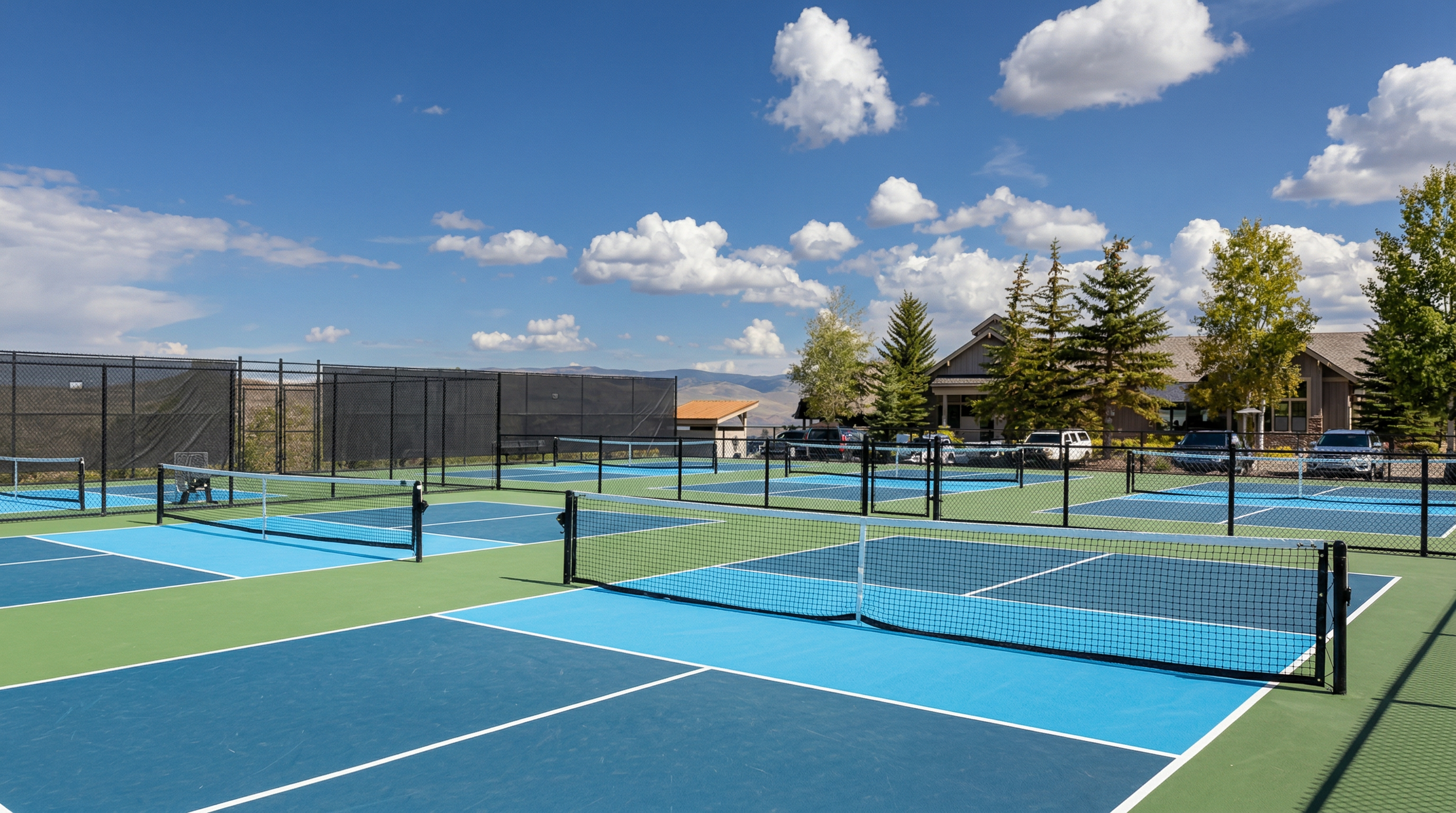 This image showcases a well-maintained outdoor pickleball court complex featuring vibrant blue and green surfaces set against a backdrop of clear blue skies and distant mountains. The scene includes multiple courts separated by black chain-link fencing, with a clubhouse building and mature pine trees visible in the background. The perspective is at eye level, capturing the expansive and inviting nature of this recreational facility.