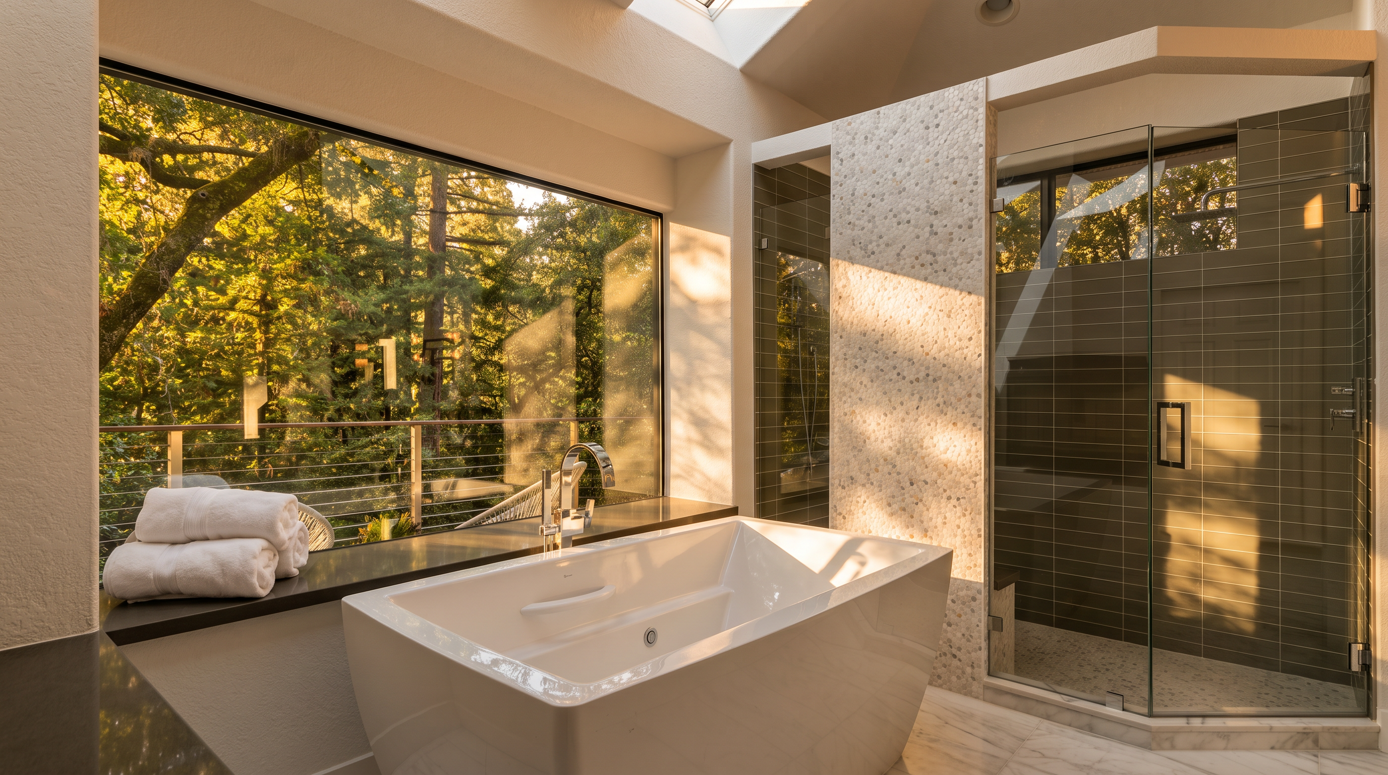 This luxurious primary bathroom features a sleek, freestanding white soaking tub positioned beneath a large window that offers a serene, elevated view of the surrounding forest. To the right, a glass-enclosed walk-in shower is accented by a textured, light-colored stone feature wall and dark horizontal tile work. The space is brightened by a skylight, creating an airy, spa-like atmosphere that seamlessly blends modern design with natural elements.