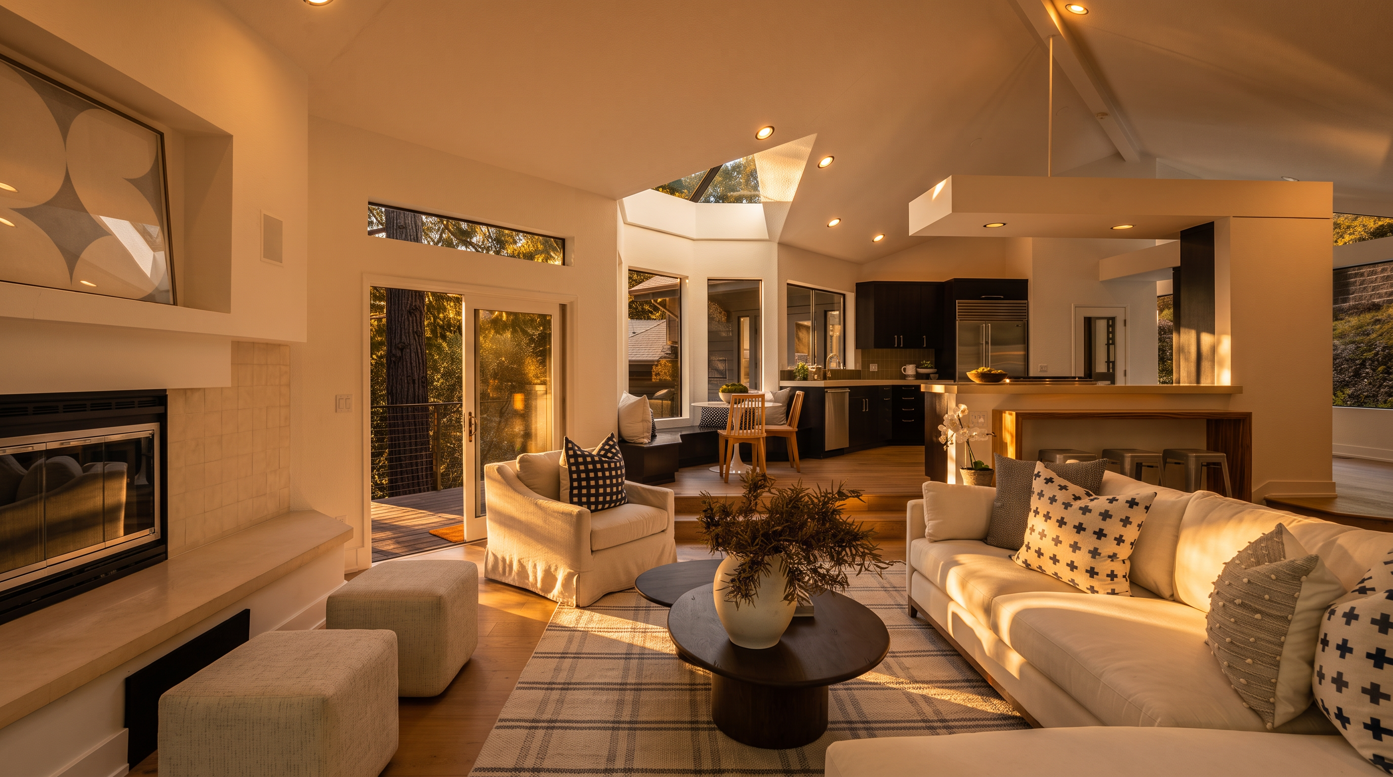 This bright, open-concept living area features a vaulted ceiling and a seamless transition to a kitchen and dining nook. A white sectional sofa and matching armchair are arranged around a pair of circular coffee tables on a plaid area rug, while a fireplace with a light-toned surround serves as a focal point on the left. Large glass doors open to an outdoor deck, and a skylight above the dining area floods the space with natural light, creating an airy and inviting atmosphere.