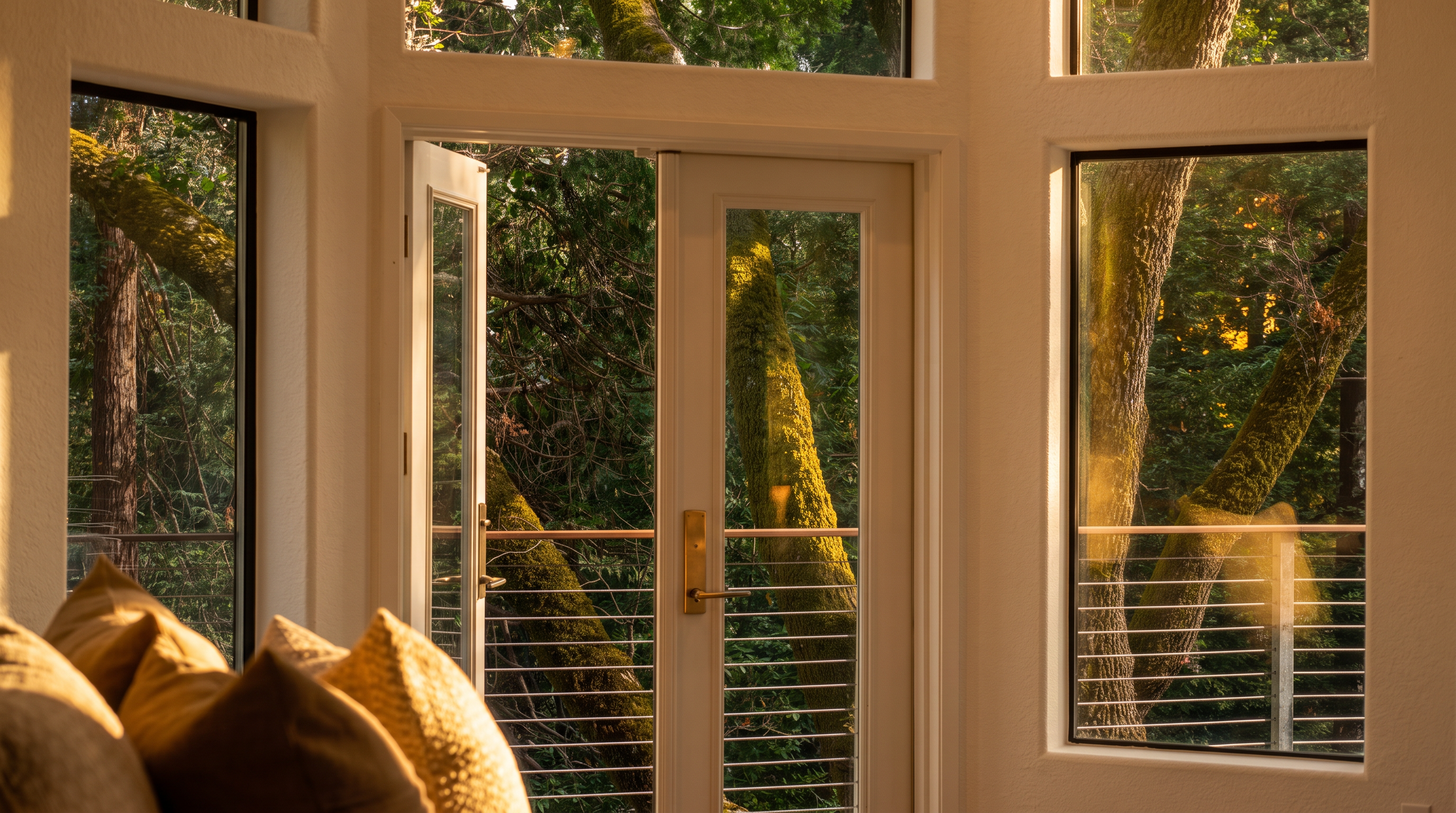 This interior view captures a set of white-framed French doors opening onto a balcony, flanked by large windows that provide an immersive, tree-filled view of the surrounding forest. The perspective from inside the room highlights the seamless connection between the living space and the outdoors, emphasizing the natural light and tranquil atmosphere. In the foreground, soft, textured pillows suggest a comfortable seating area, creating a serene and inviting environment.