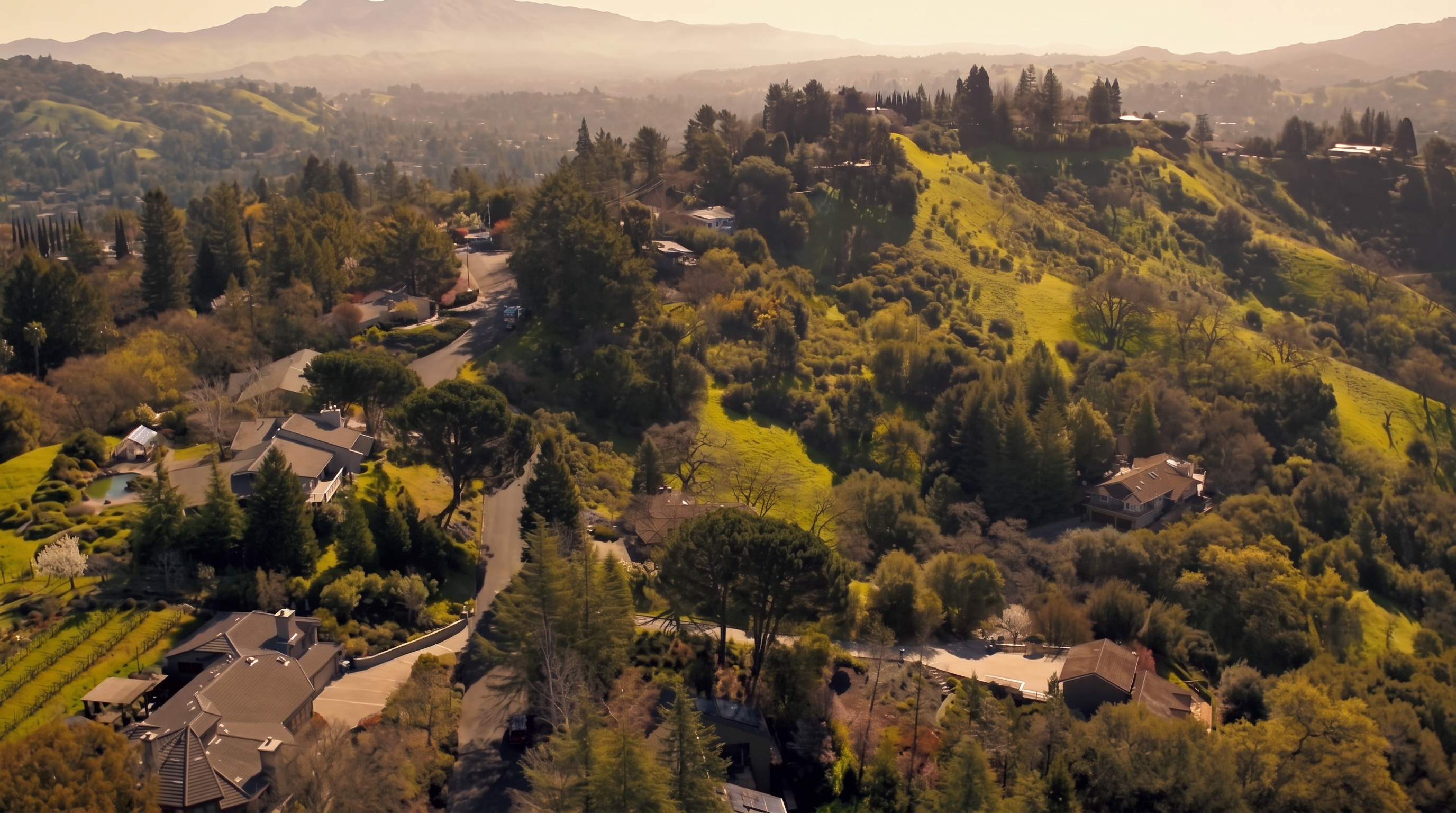 This wide aerial shot showcases a scenic residential neighborhood nestled within lush, rolling hills. The landscape is characterized by abundant greenery, mature trees, and winding roads that connect secluded homes, creating a serene and private atmosphere. It provides an excellent perspective of the property's integration into its natural, elevated surroundings.