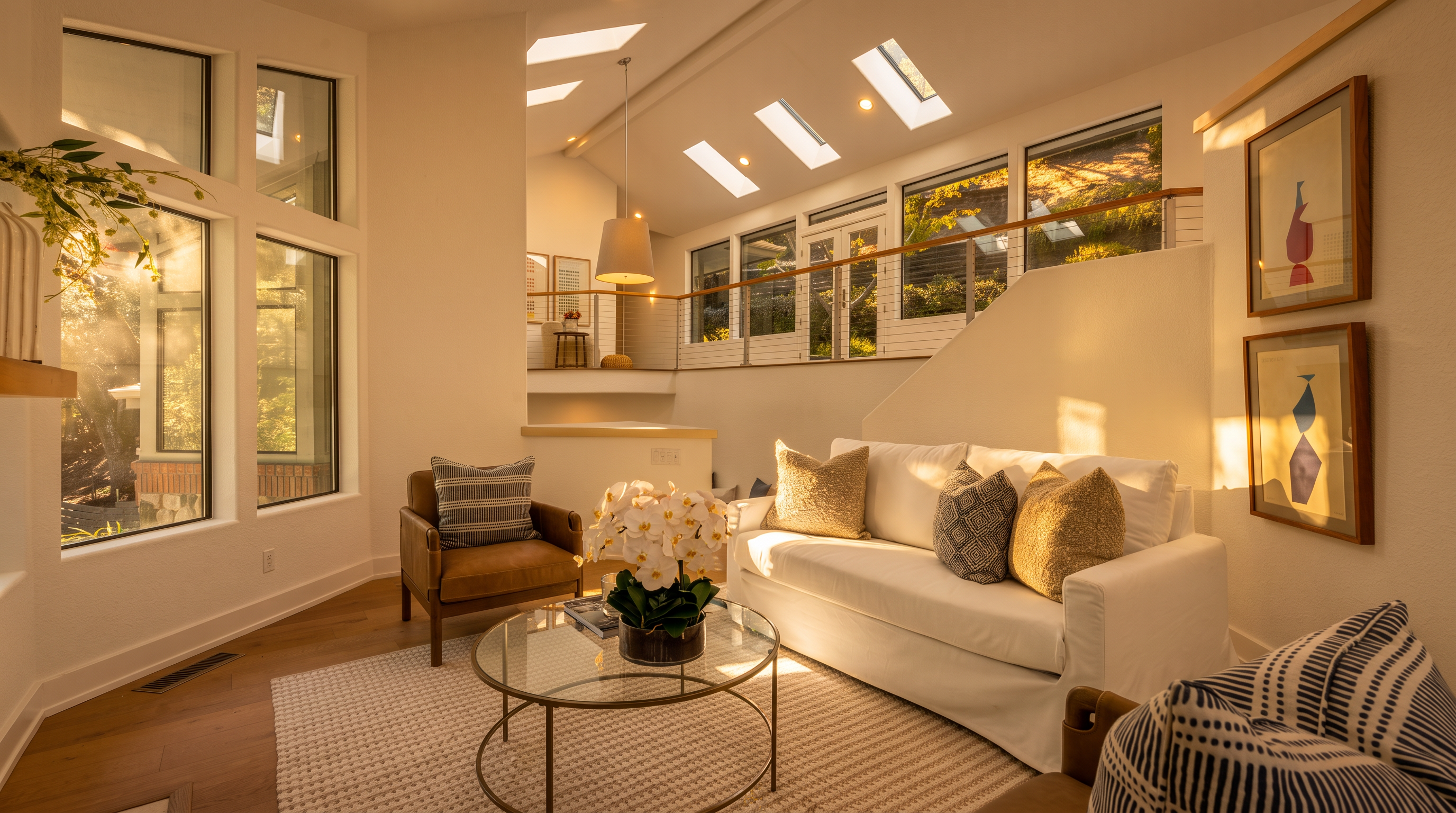 This bright and airy living room features a white sofa, two leather armchairs, and a glass-topped coffee table centered on a textured area rug. The space is defined by its high, vaulted ceiling with multiple skylights and a large window wall that brings in abundant natural light. A staircase with a wooden railing leads to an upper landing, creating an open and inviting atmosphere with a modern, clean aesthetic.