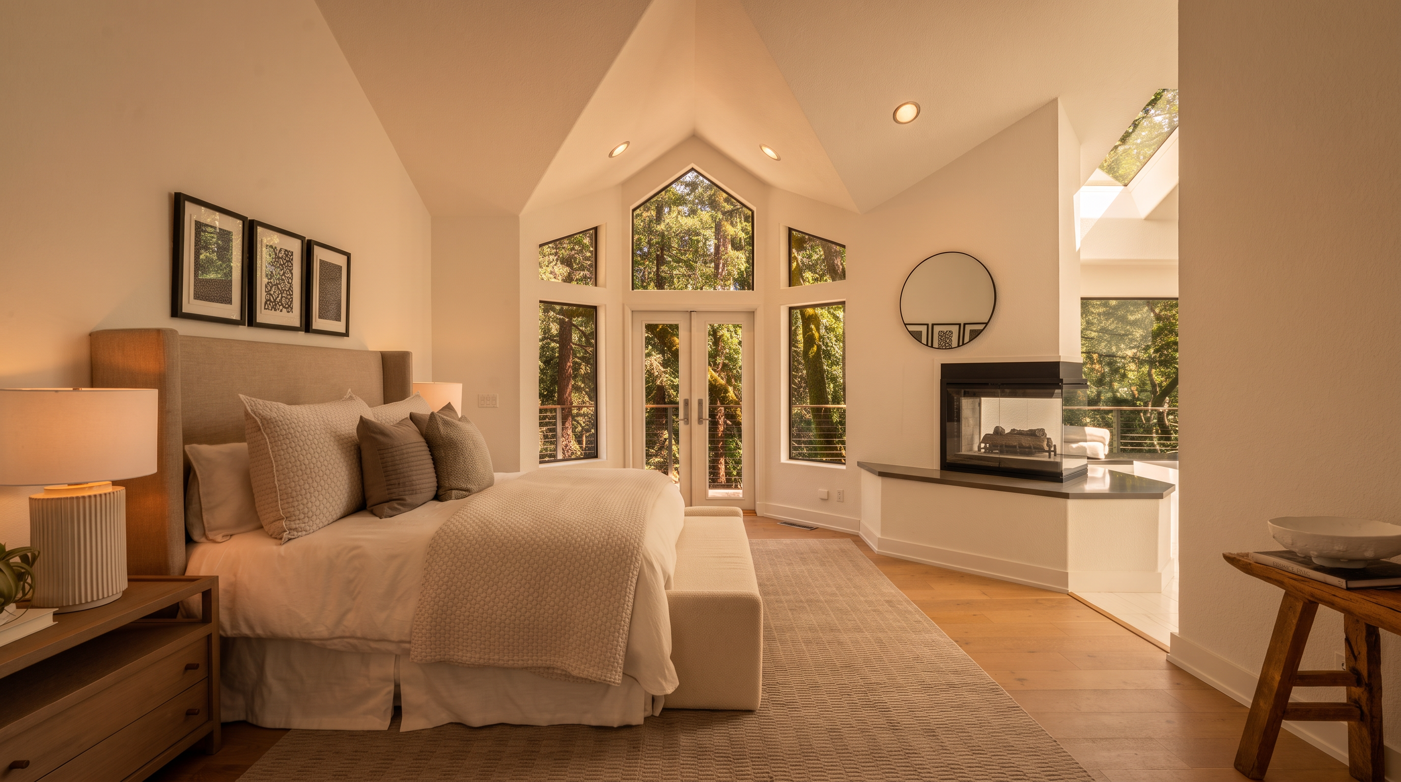 This bright and airy primary bedroom features a vaulted ceiling and a large, central window assembly that frames a view of the surrounding trees. The room is anchored by a neutral-toned bed with a tall upholstered headboard, complemented by a textured rug and a minimalist wooden side table. A modern fireplace with a dark surround sits on a hearth to the right, creating a cozy focal point, while light wood flooring adds warmth to the space.